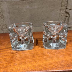 1960s Crystal Glass Modern Cube Candle Holder Pair
