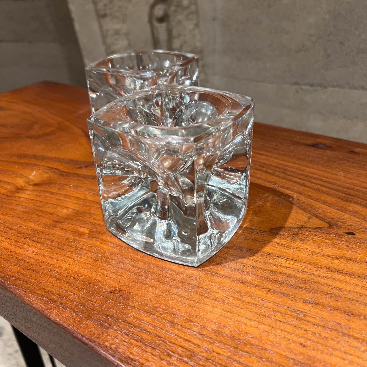 Mid-20th Century 1960s Crystal Glass Modern Cube Candle Holder Pair For Sale