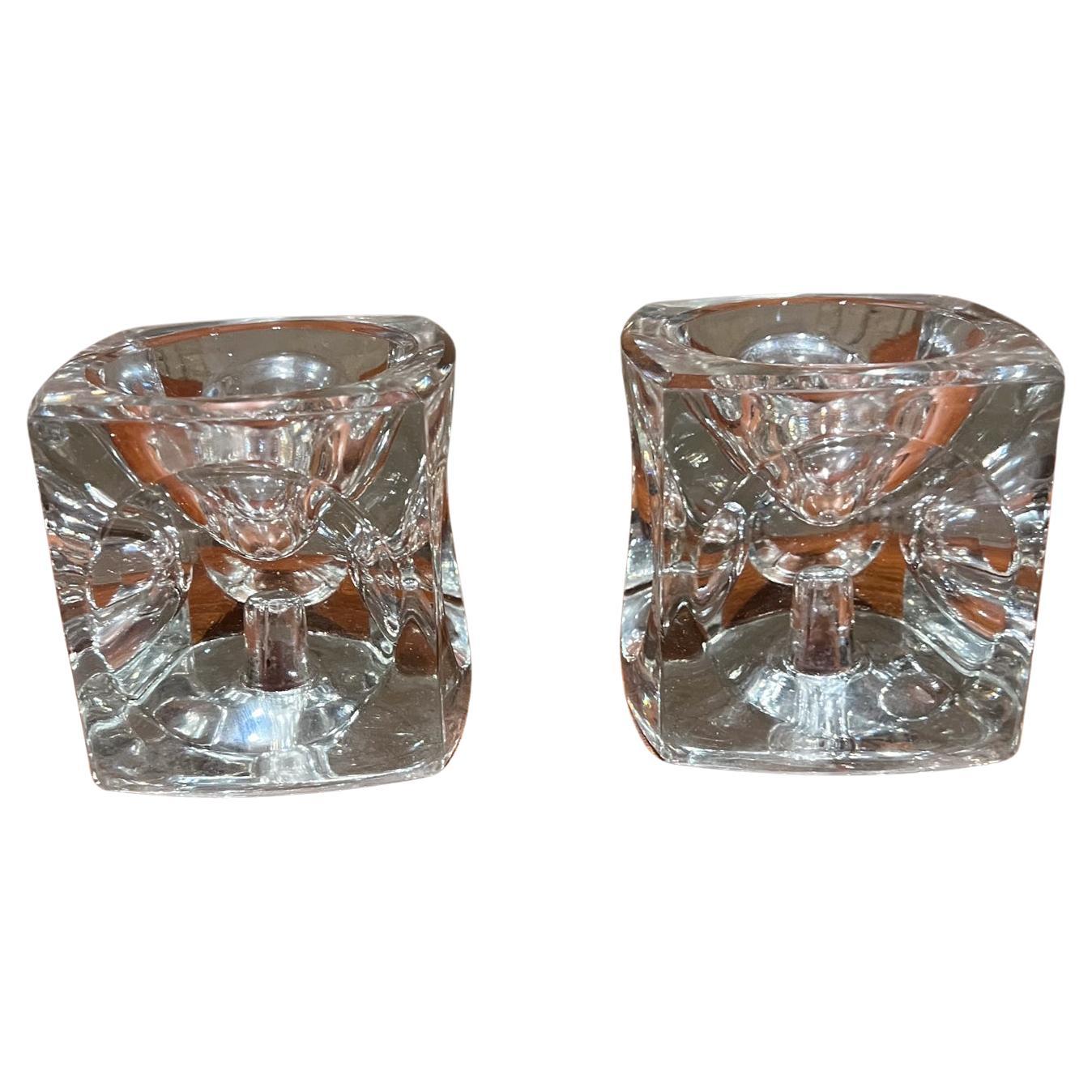 1960s Crystal Glass Modern Cube Candle Holder Pair For Sale