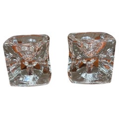 Vintage 1960s Crystal Glass Modern Cube Candle Holder Pair