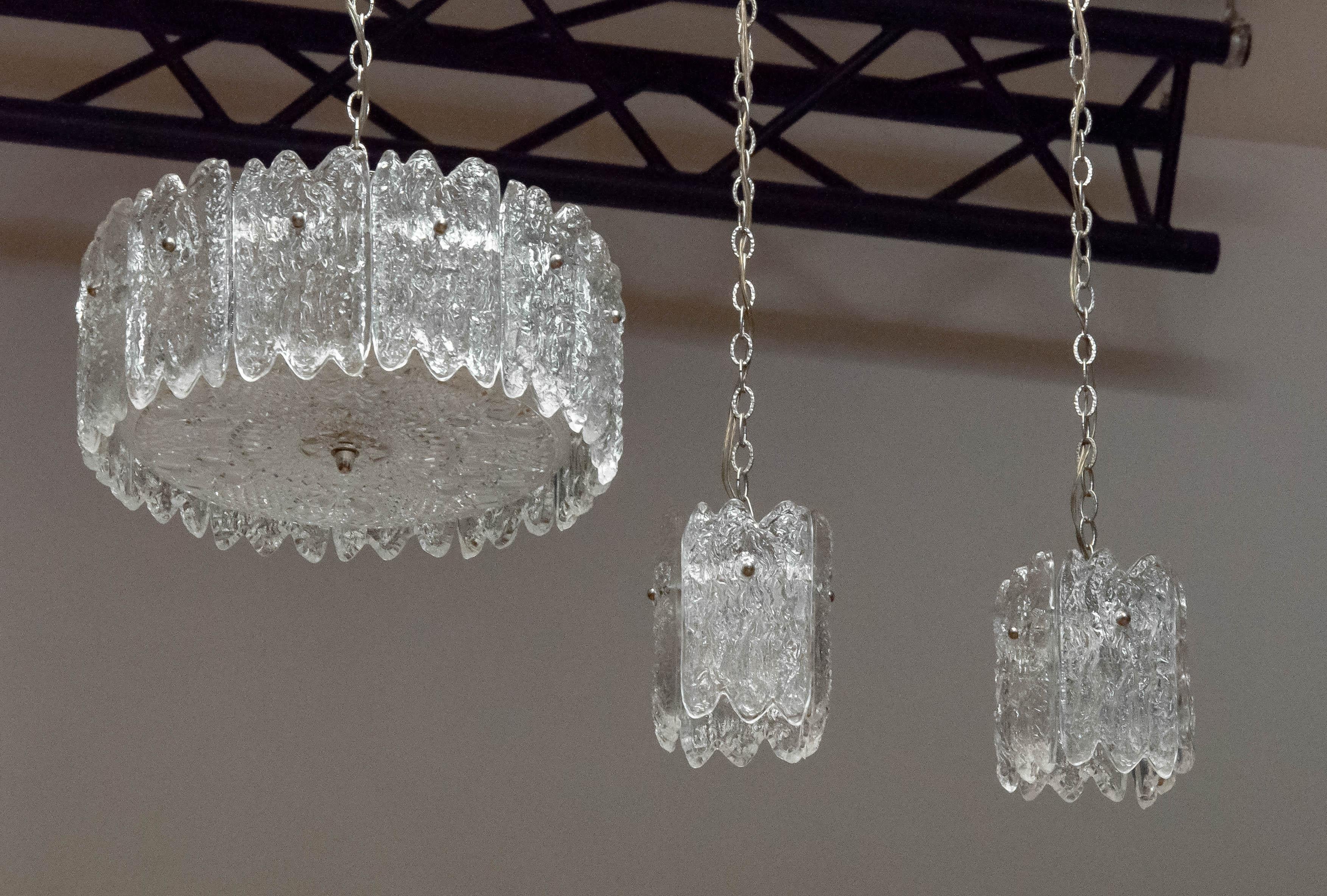 1960s, Crystal Pendant With Matching Pair Window Or Bar Lights By Carl Fagerlund For Sale 1