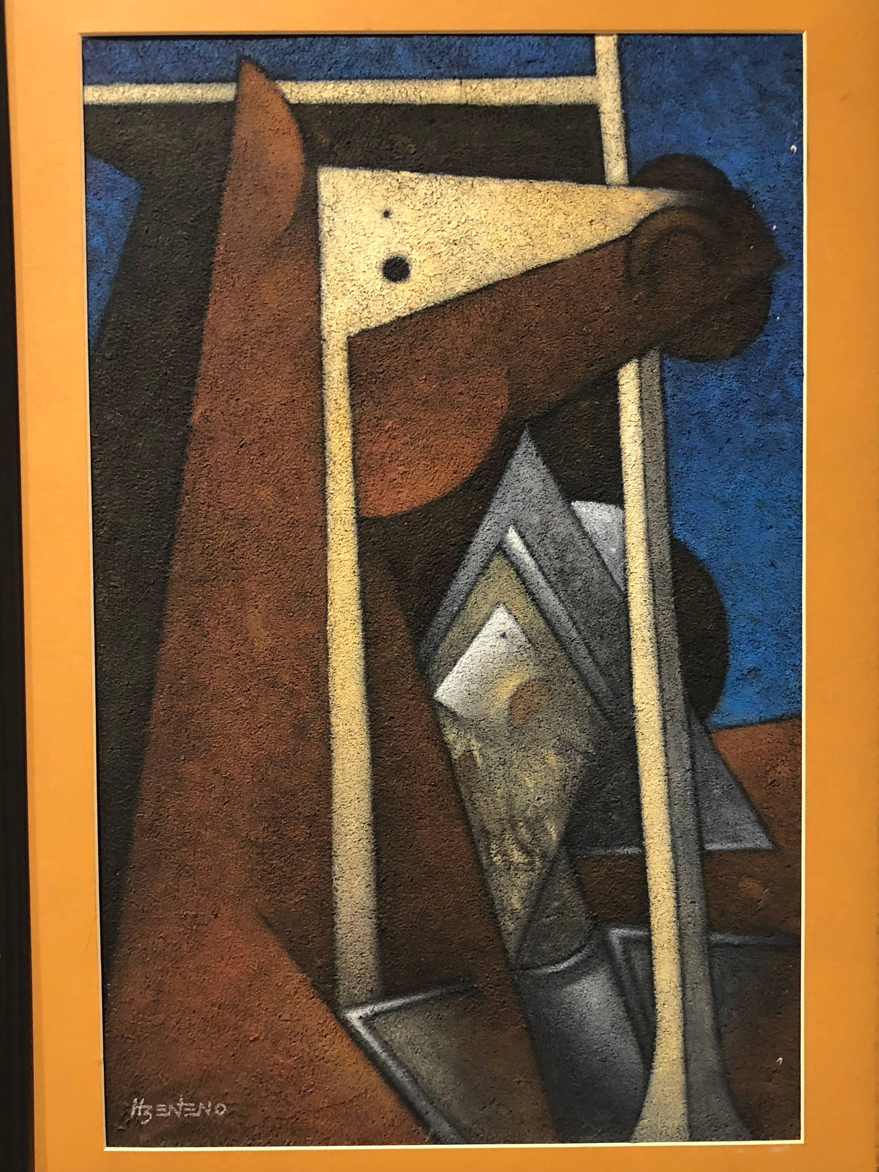 Beautiful horse painting with a textured finish and bordered. Cubist style by Mexican Artist, H Zenteno. Comes in original frame.