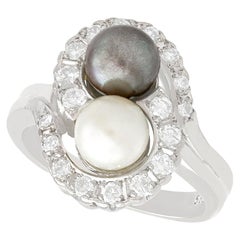 1960s Cultured Black and White Pearl and Diamond White Gold Cocktail Ring