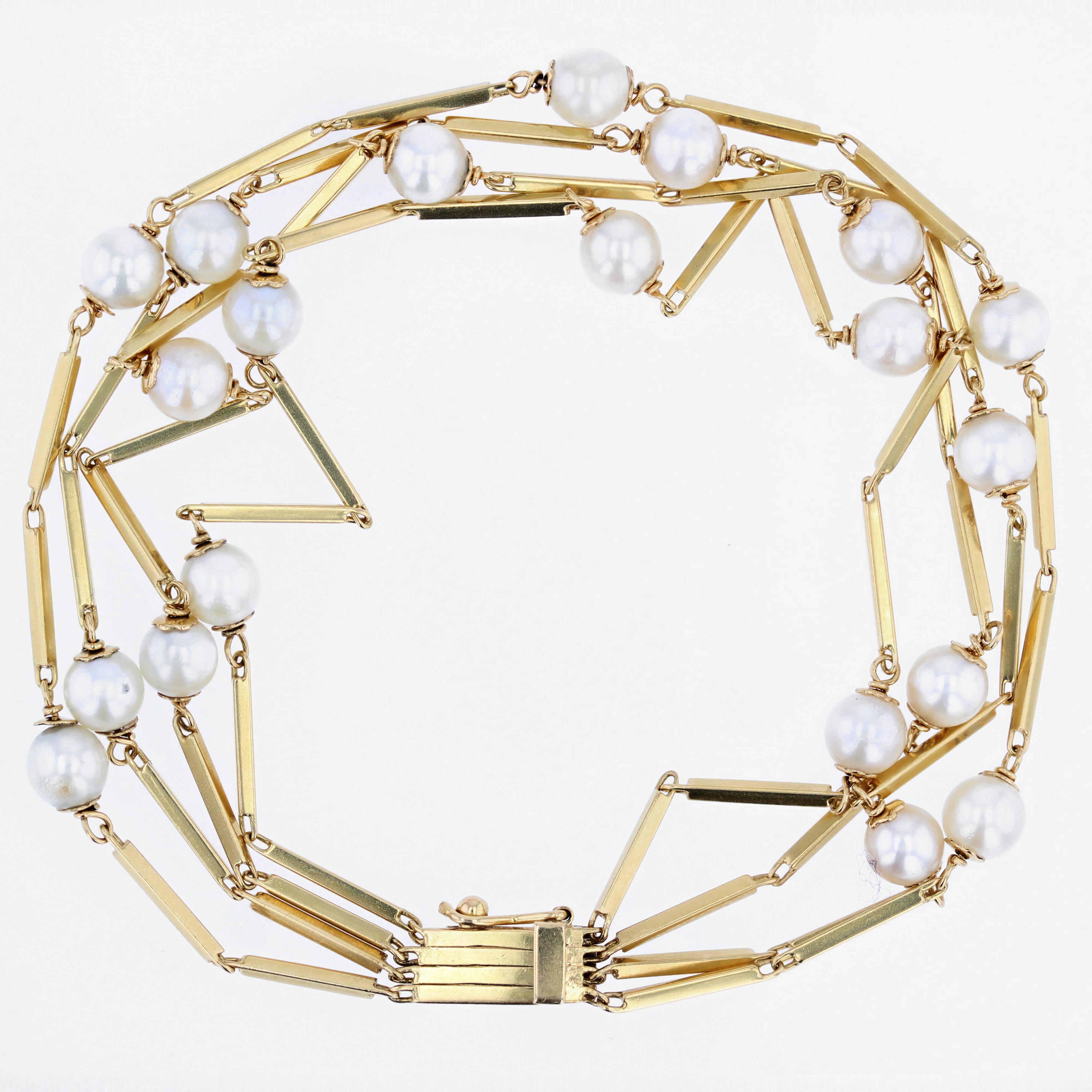 Retro 1960s Cultured Pearl 18 Karat Yellow Gold 4 Rows Bracelet