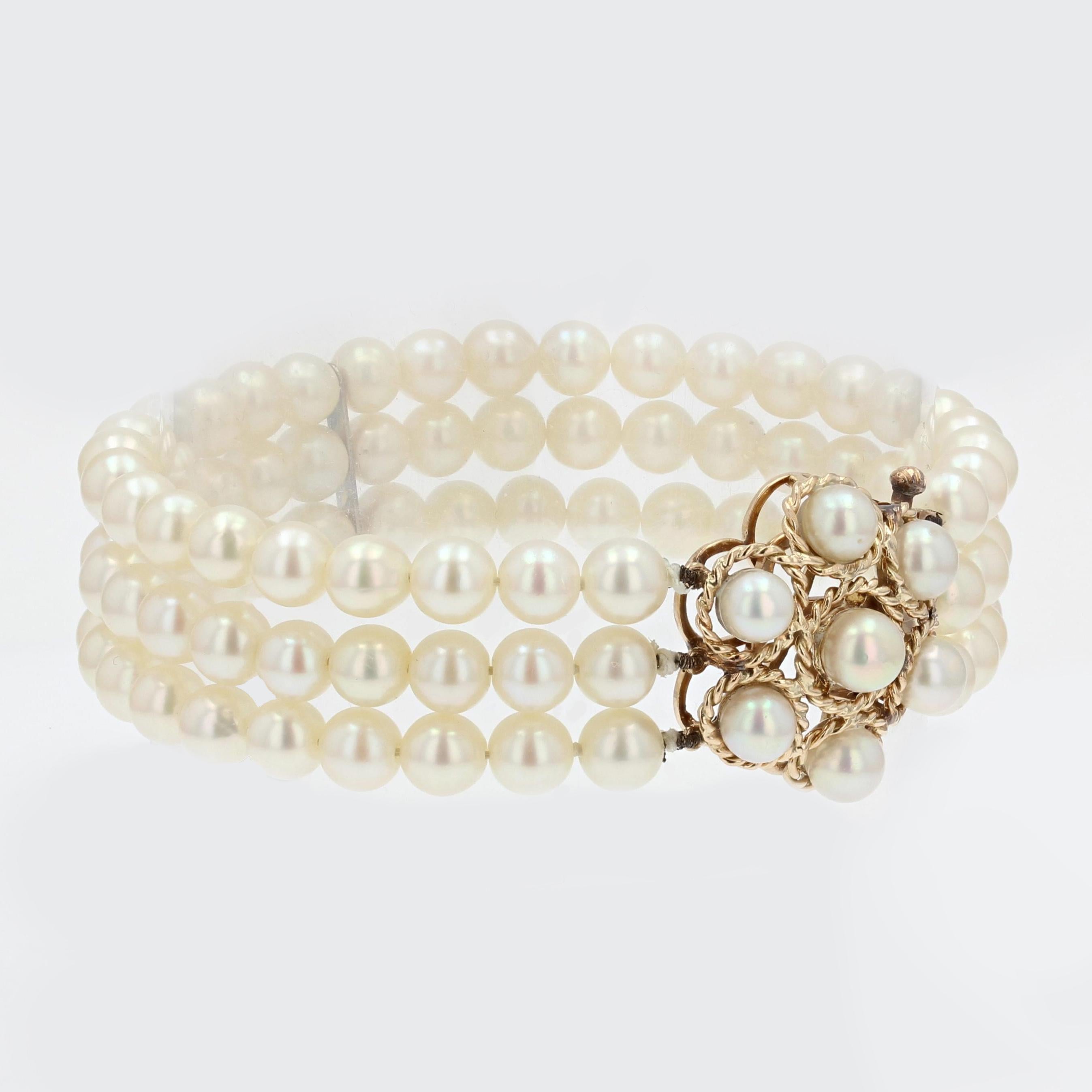 Bracelet  3 ranges de fleurs en or jaune 18 carats avec perles de culture, annes 1960 Pour femmes en vente