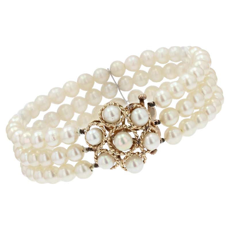 GIA Certified Cultured Pearl Natural Jade Multi-Row Gold Bracelet For ...