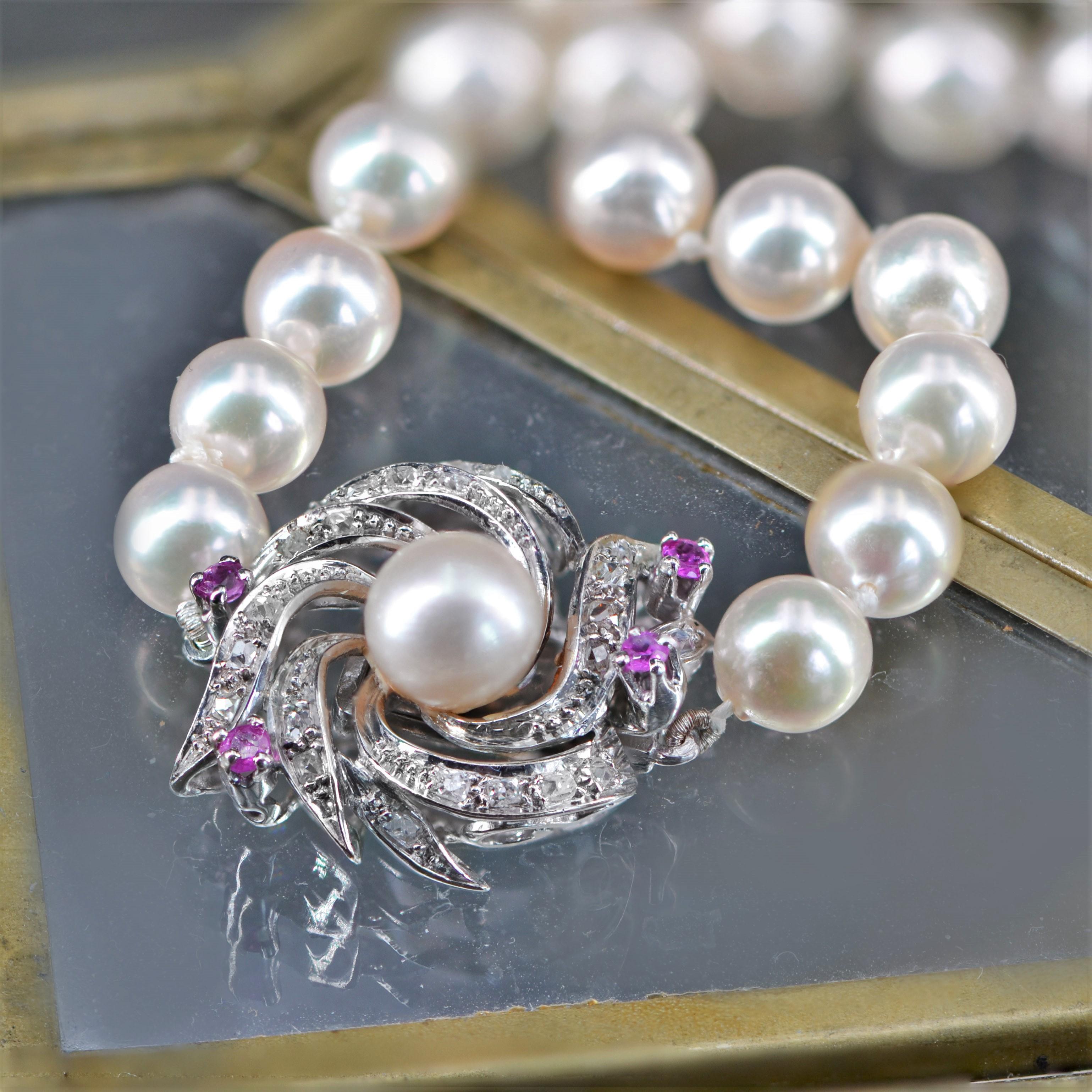 Collar Gargantilla Perla Cultivada Diamantes Rubí Cierre Años 60 en venta 2