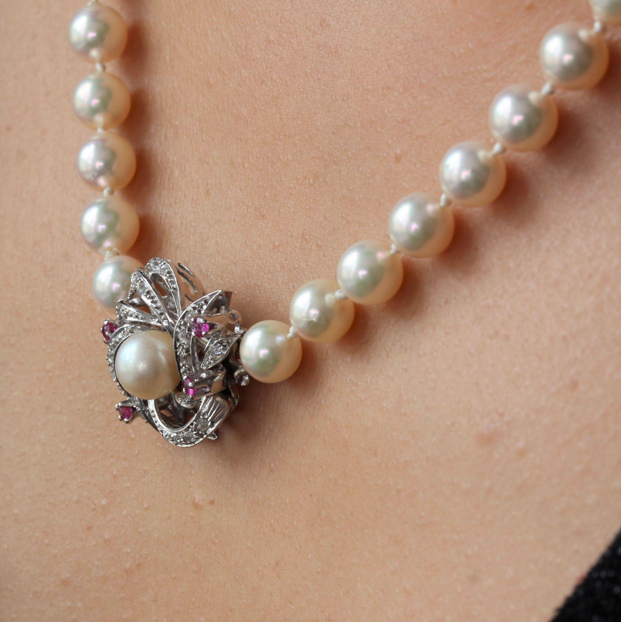 1960s Cultured Pearl Diamonds Ruby Clasp Choker Necklace For Sale 2
