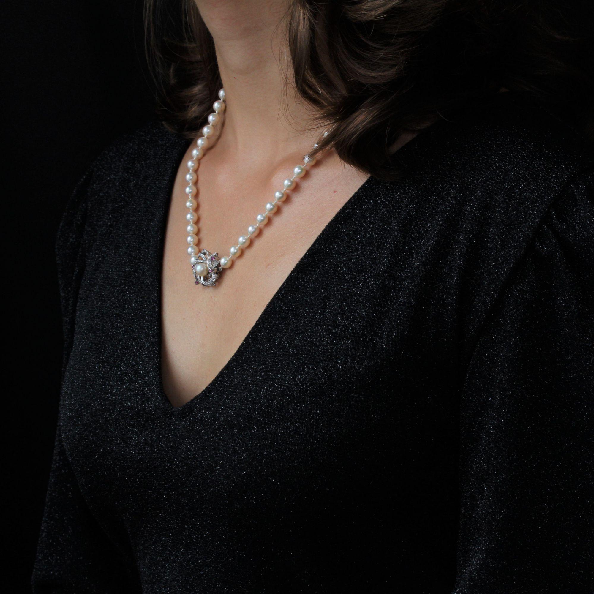 Collar Gargantilla Perla Cultivada Diamantes Rubí Cierre Años 60 en venta 4