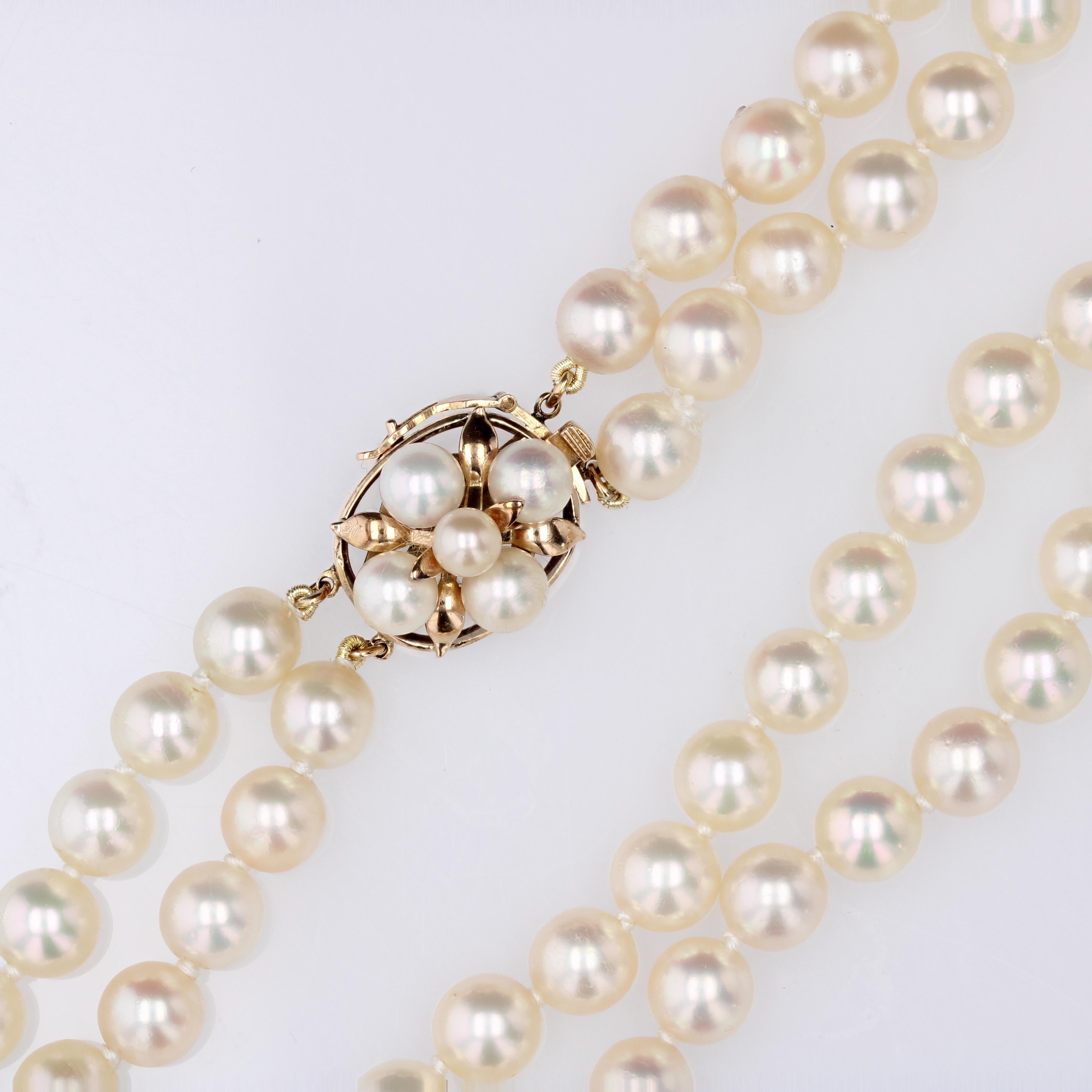1960s Cultured Pearl Yellow Gold Double Row Necklace For Sale 8