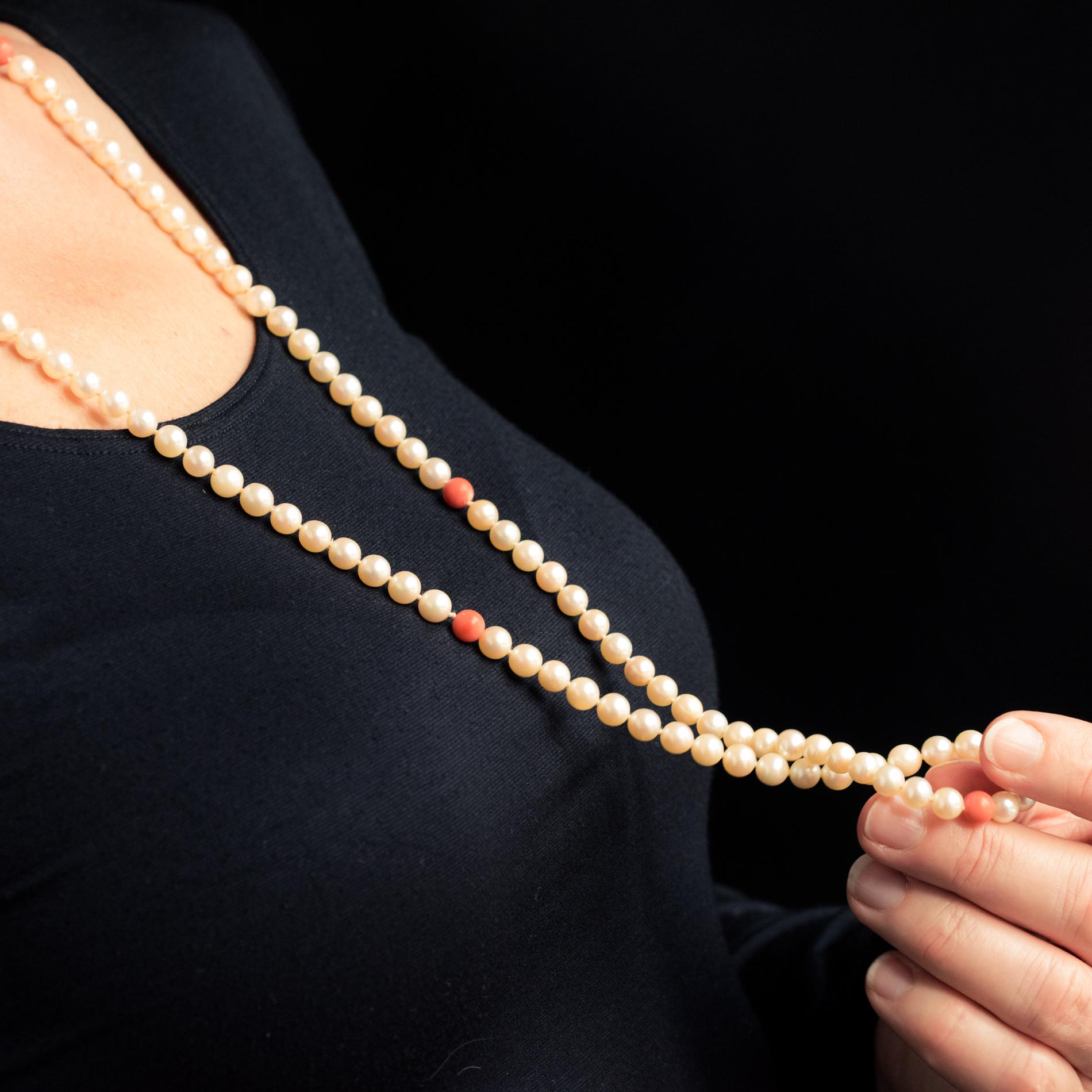 Retro 1960s Cultured Pearls Coral Pearls Long Necklace