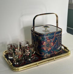 1960s Culver Barware Set Floral Tumbler Glasses, Ice Bucket and Tray – Set of 6