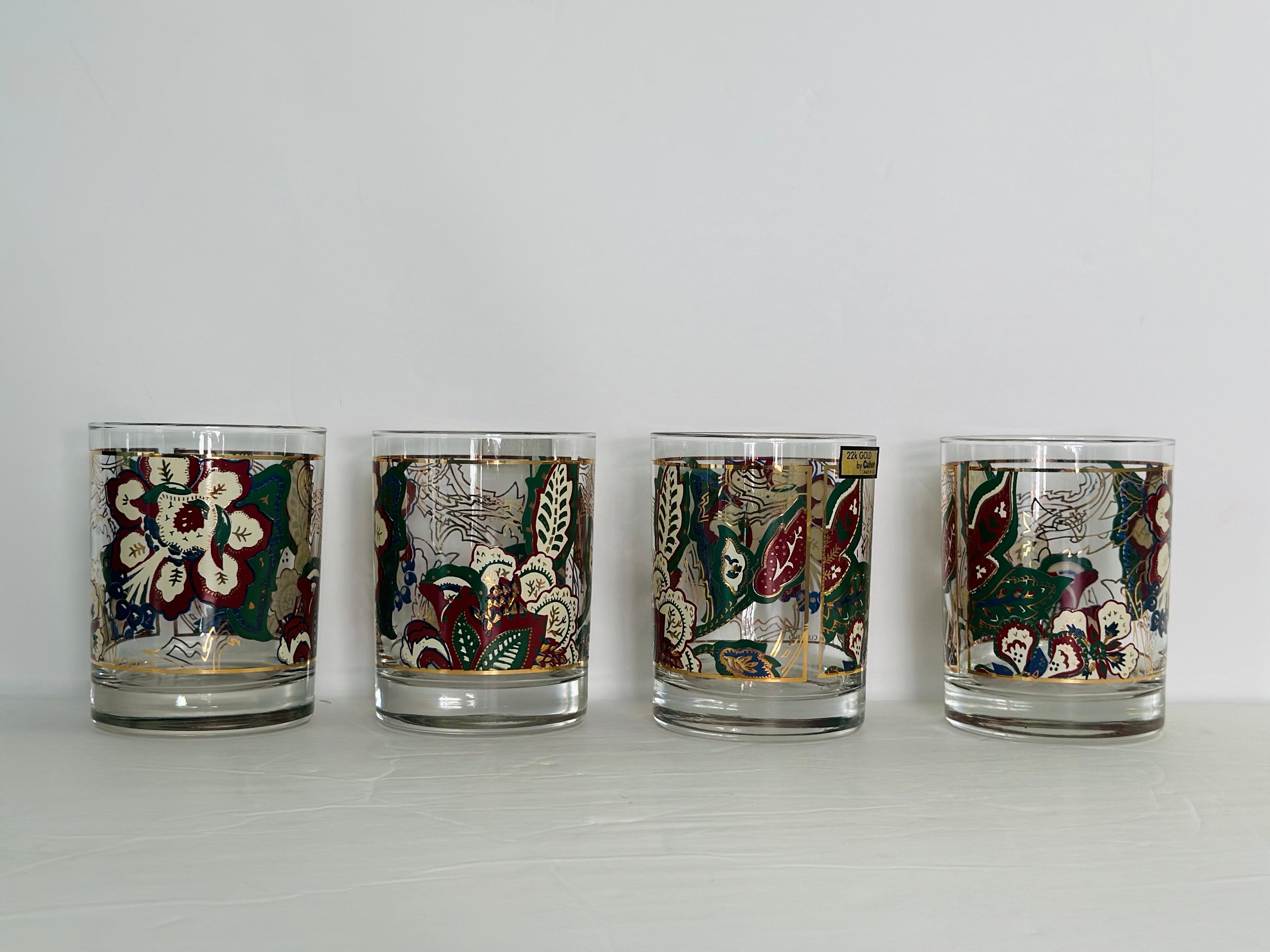 Mid-Century Modern 1960s Culver Barware Set Floral Tumbler Glasses, Ice Bucket and Tray – Set of 6 For Sale