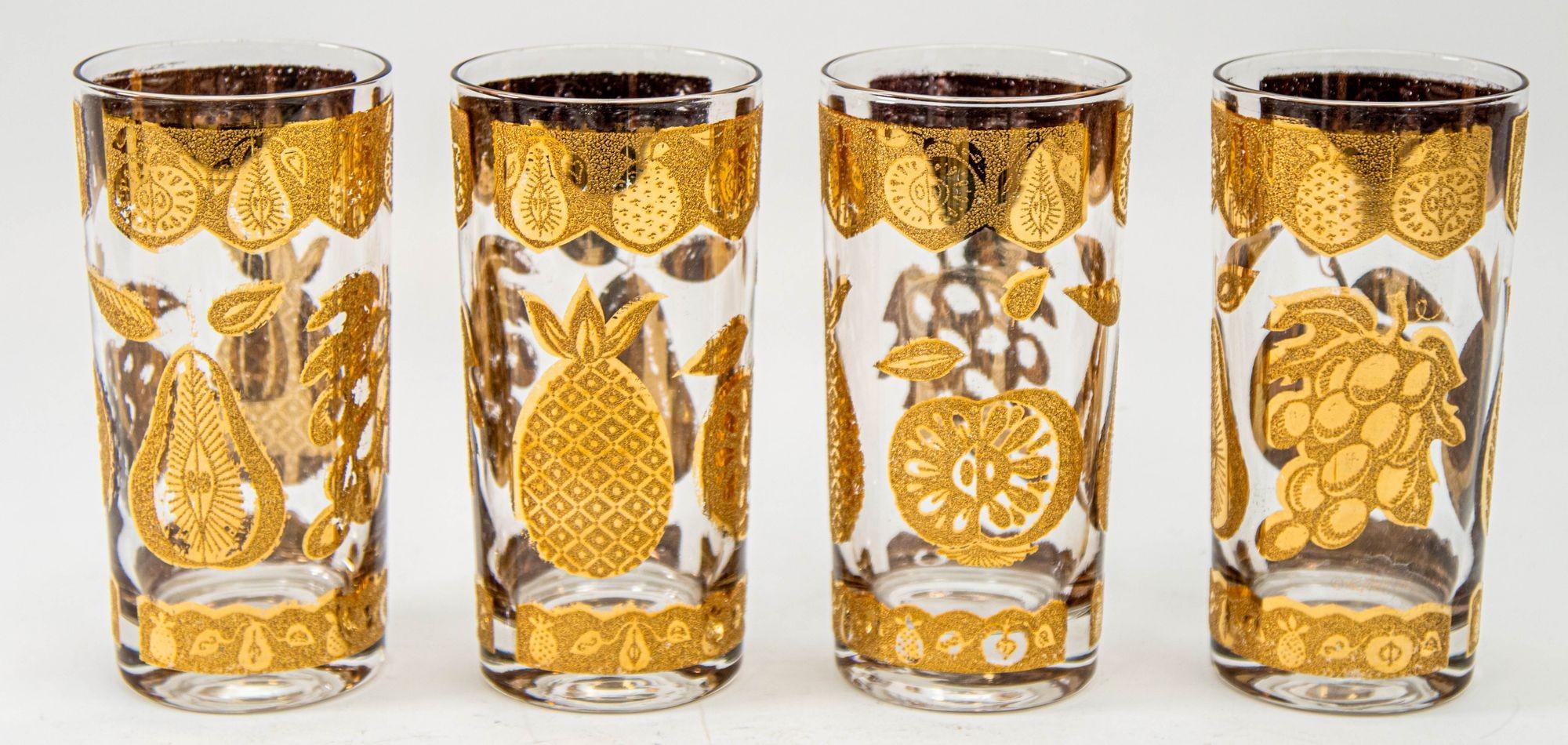 Hollywood Regency 1960s Culver Cocktail Glasses with 22-Karat Gold Florentine Pattern Set of Four For Sale