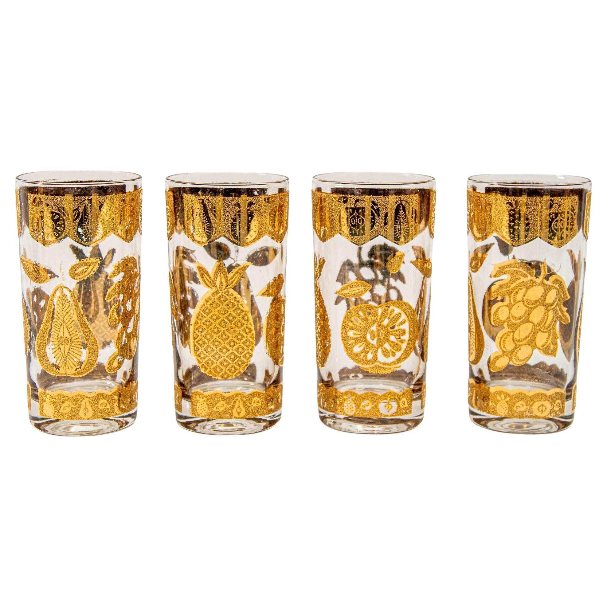 1960s Culver Cocktail Glasses with 22-Karat Gold Florentine Pattern Set of Four