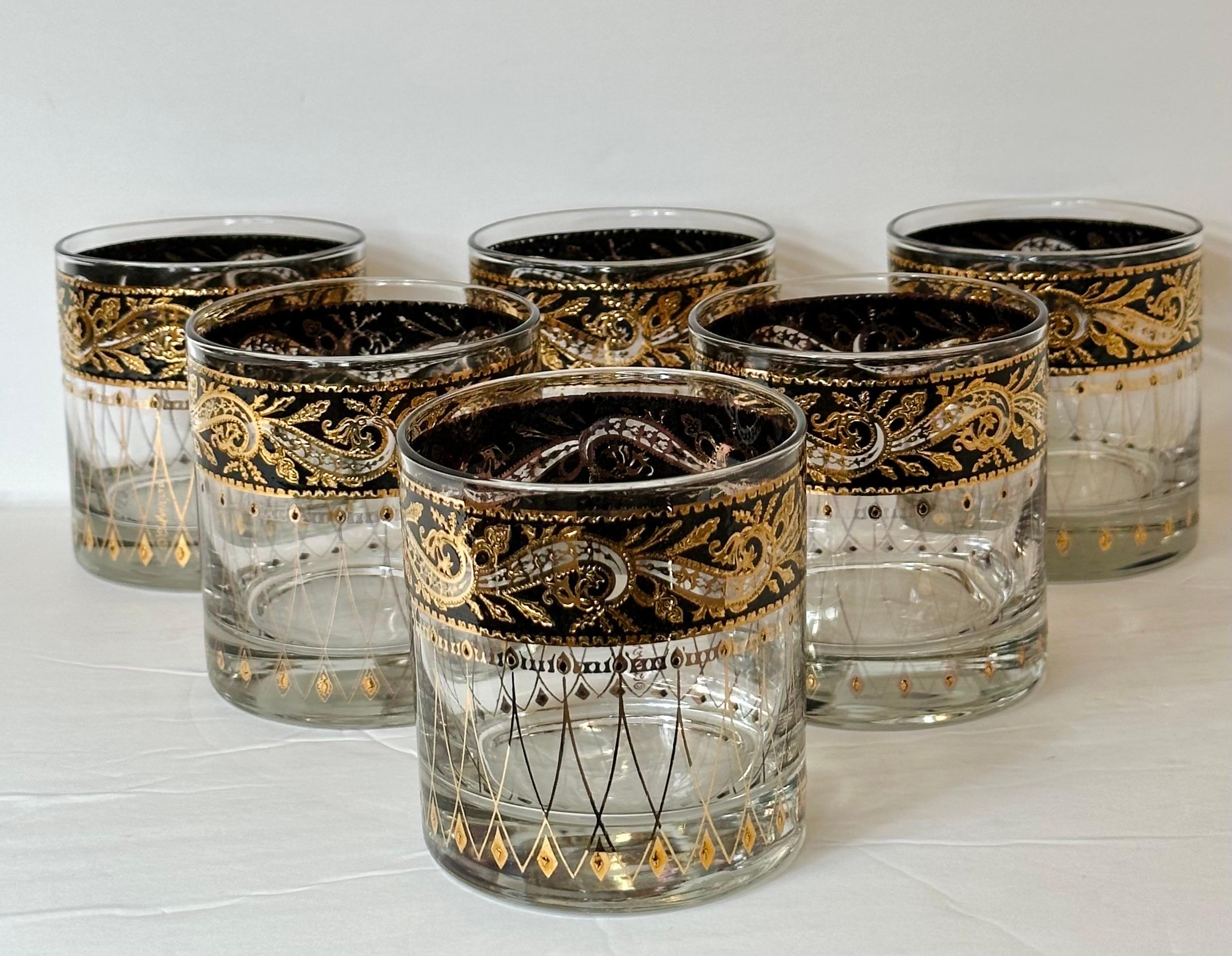 Mid-Century Modern 1960s Culver Leaf Pattern 22k Gold and Black Lowball Glasses – Set of 6 For Sale