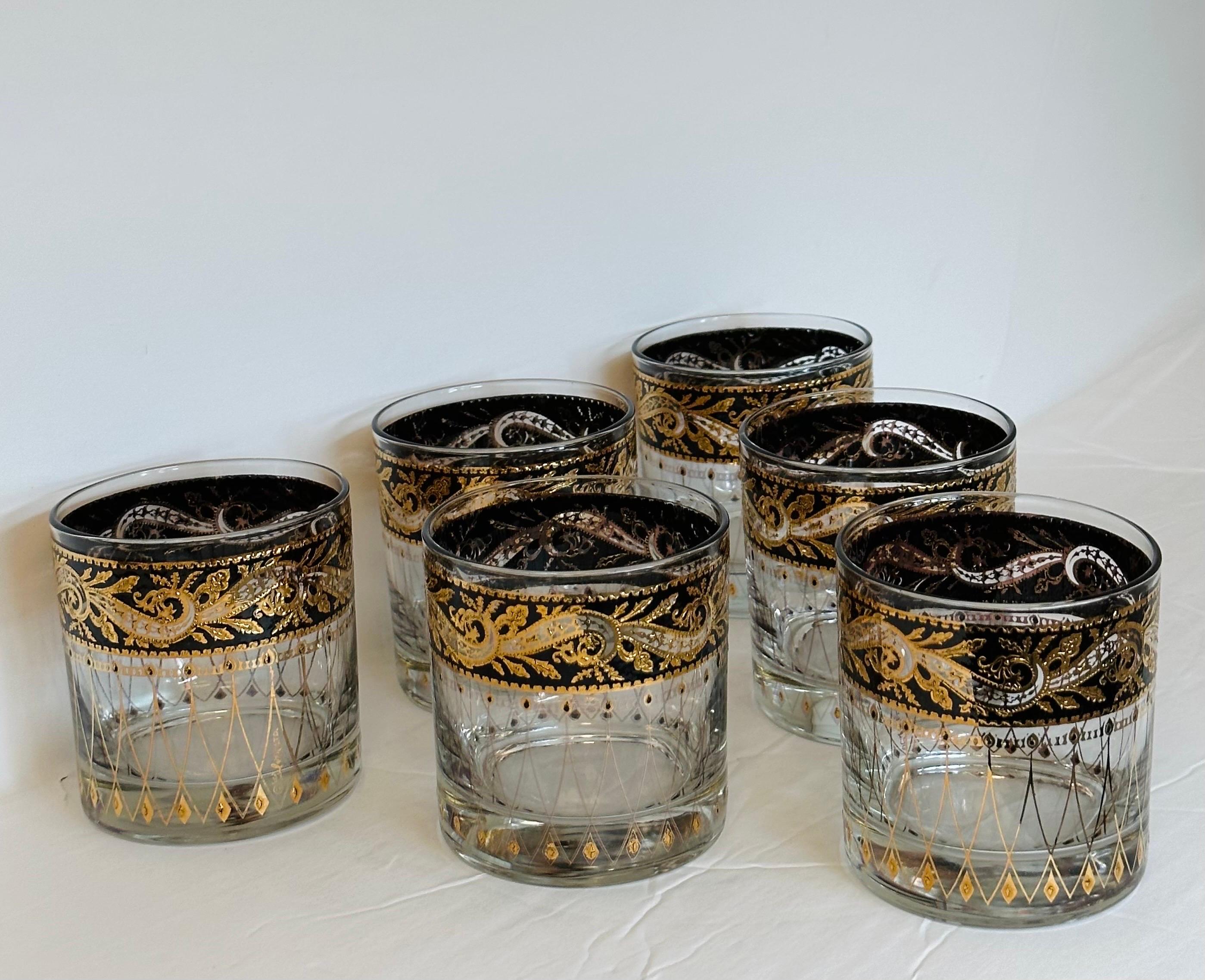 American 1960s Culver Leaf Pattern 22k Gold and Black Lowball Glasses – Set of 6 For Sale