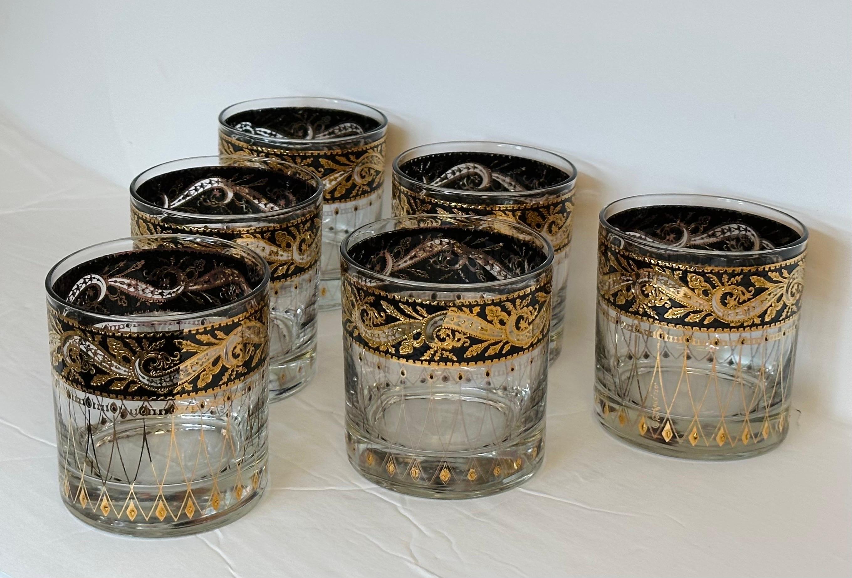 1960s Culver Leaf Pattern 22k Gold and Black Lowball Glasses – Set of 6 In Good Condition For Sale In Farmington Hills, MI
