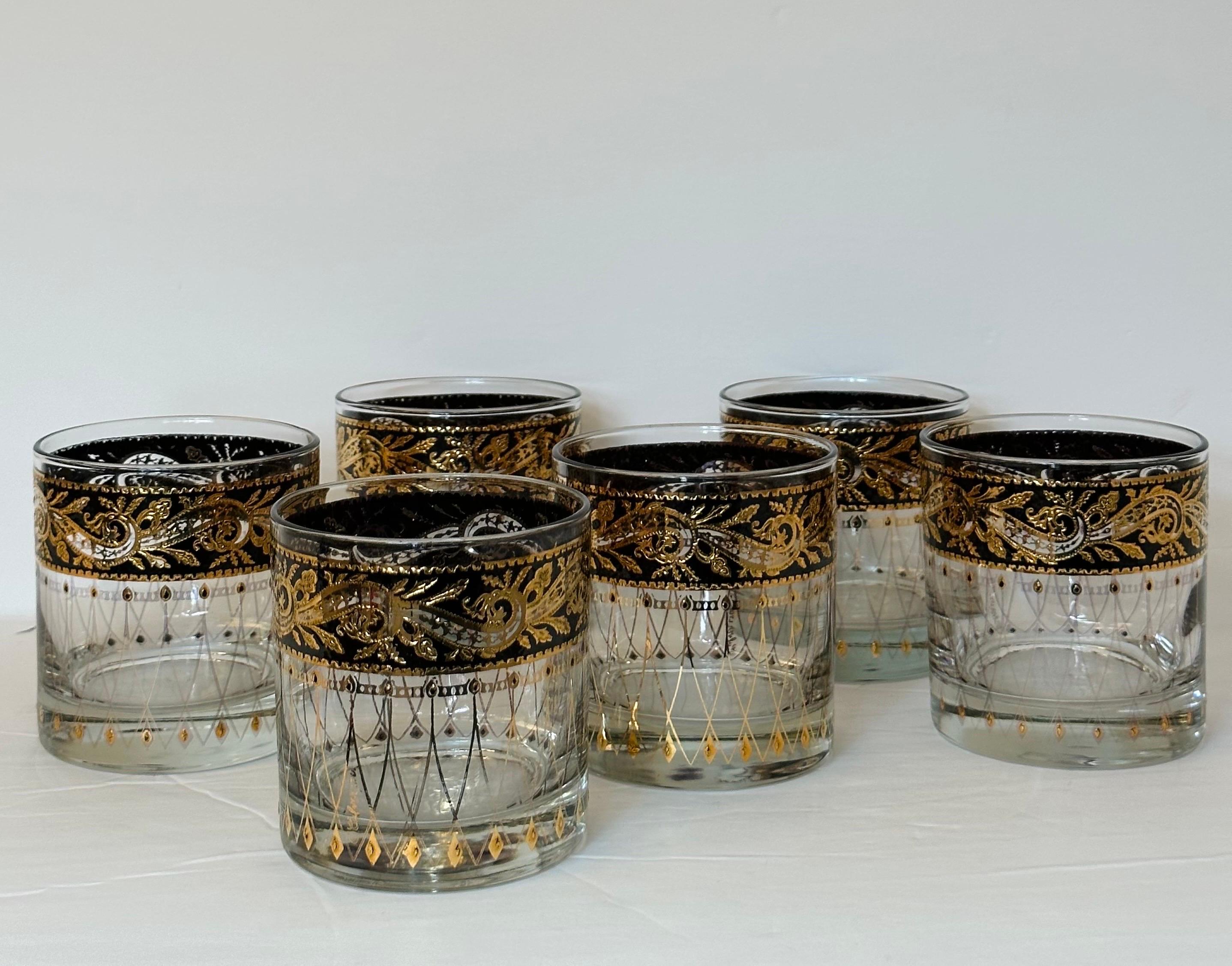 Milieu du XXe siècle 1960 Culver Leaf Pattern 22k Gold and Black Lowball Glasses - Set of 6 en vente