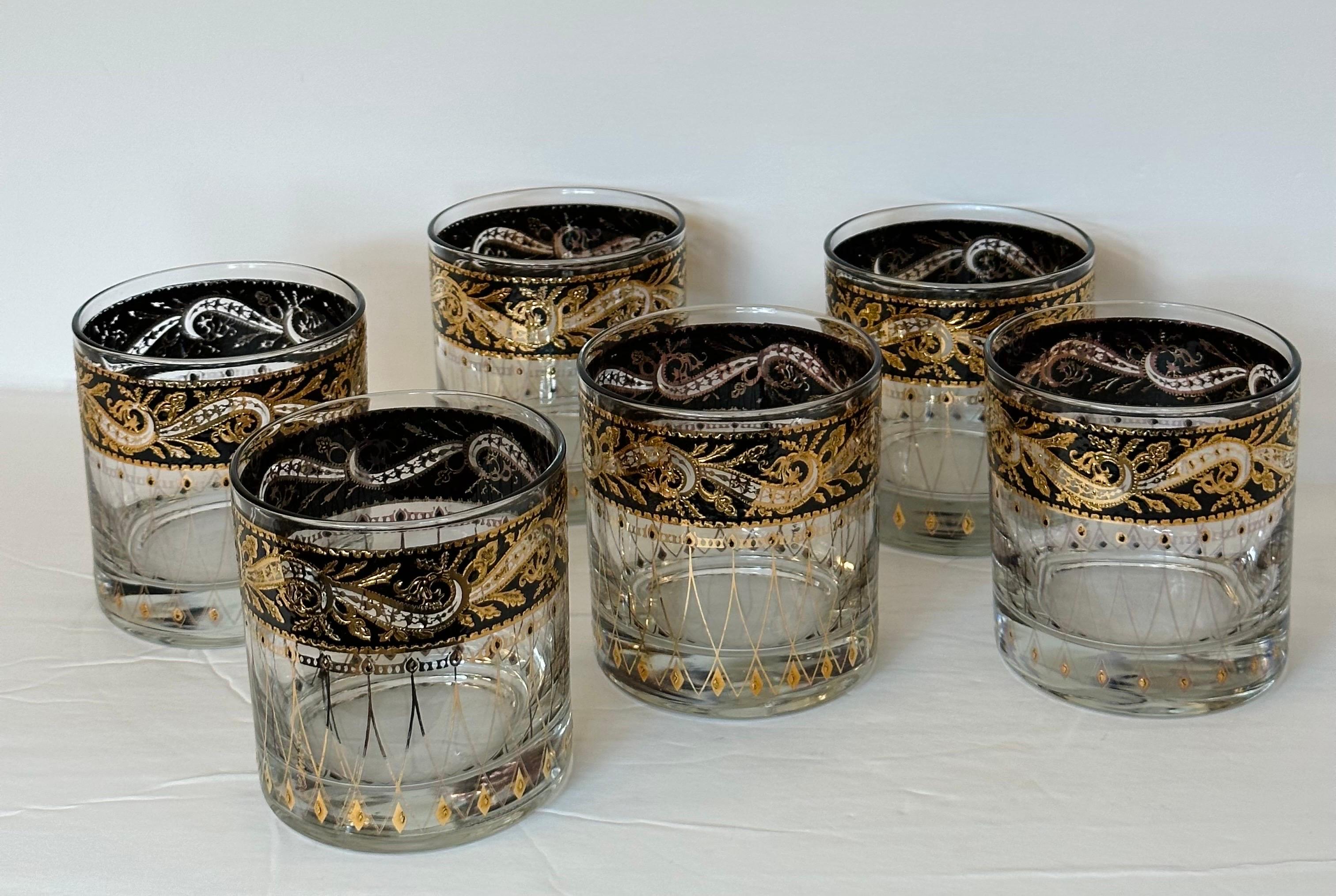 1960s Culver Leaf Pattern 22k Gold and Black Lowball Glasses – Set of 6 For Sale 1