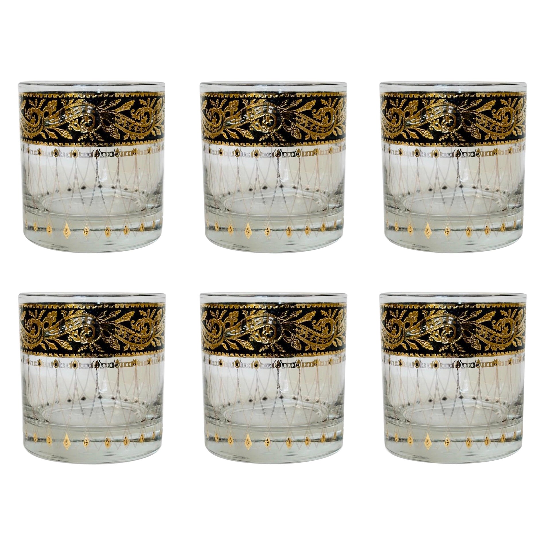 1960s Culver Leaf Pattern 22k Gold and Black Lowball Glasses – Set of 6