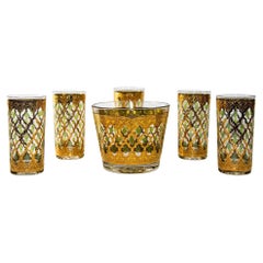 1960s Culver Ltd Highball Glasses and Ice Bucket 22 k Gold Valencia Design