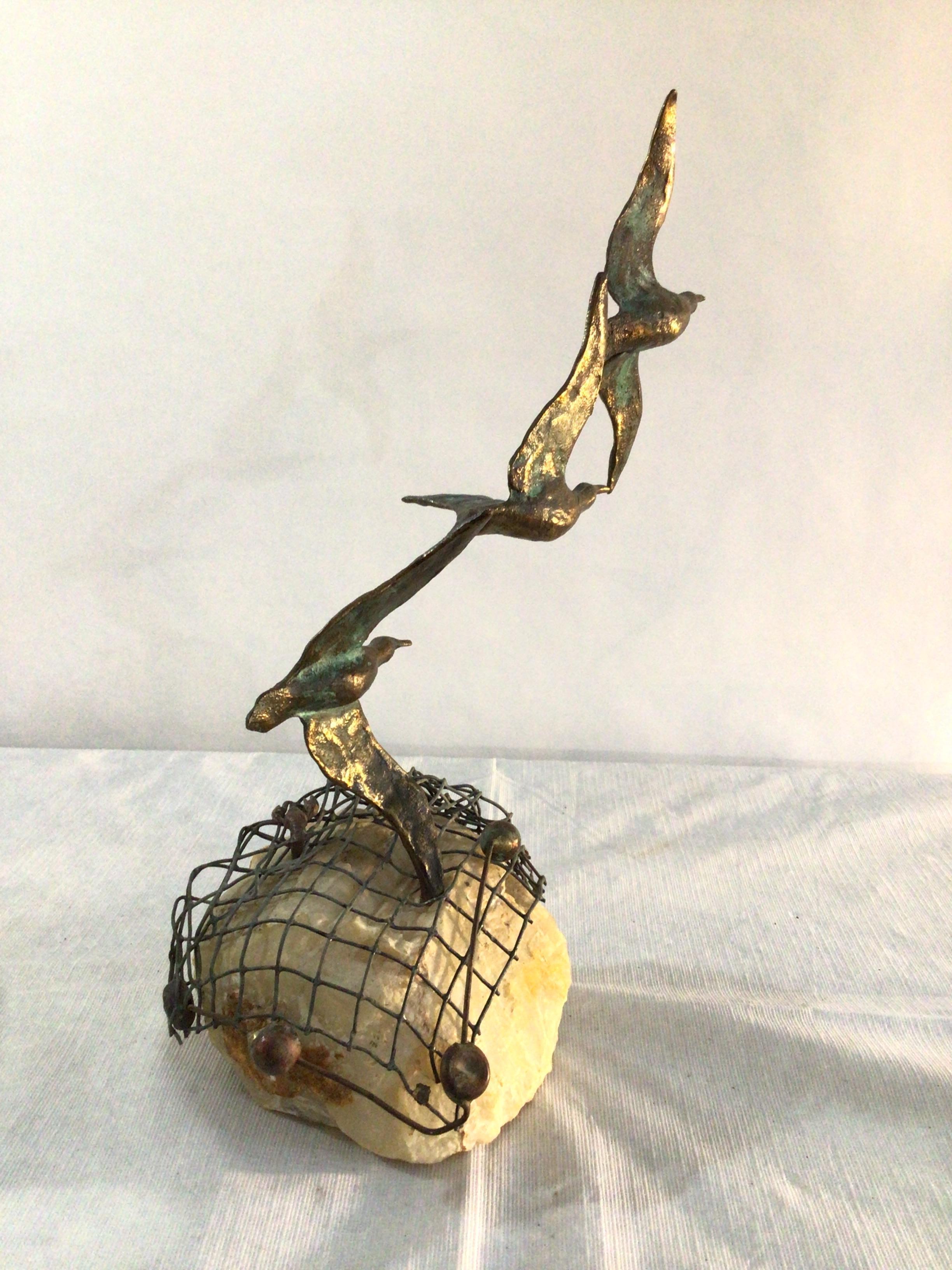1960s Curtis Jere 3 Birds In Flight Sculpture On Stone Base with Label
Lobster shown on wire net that completes the nautical sculpture