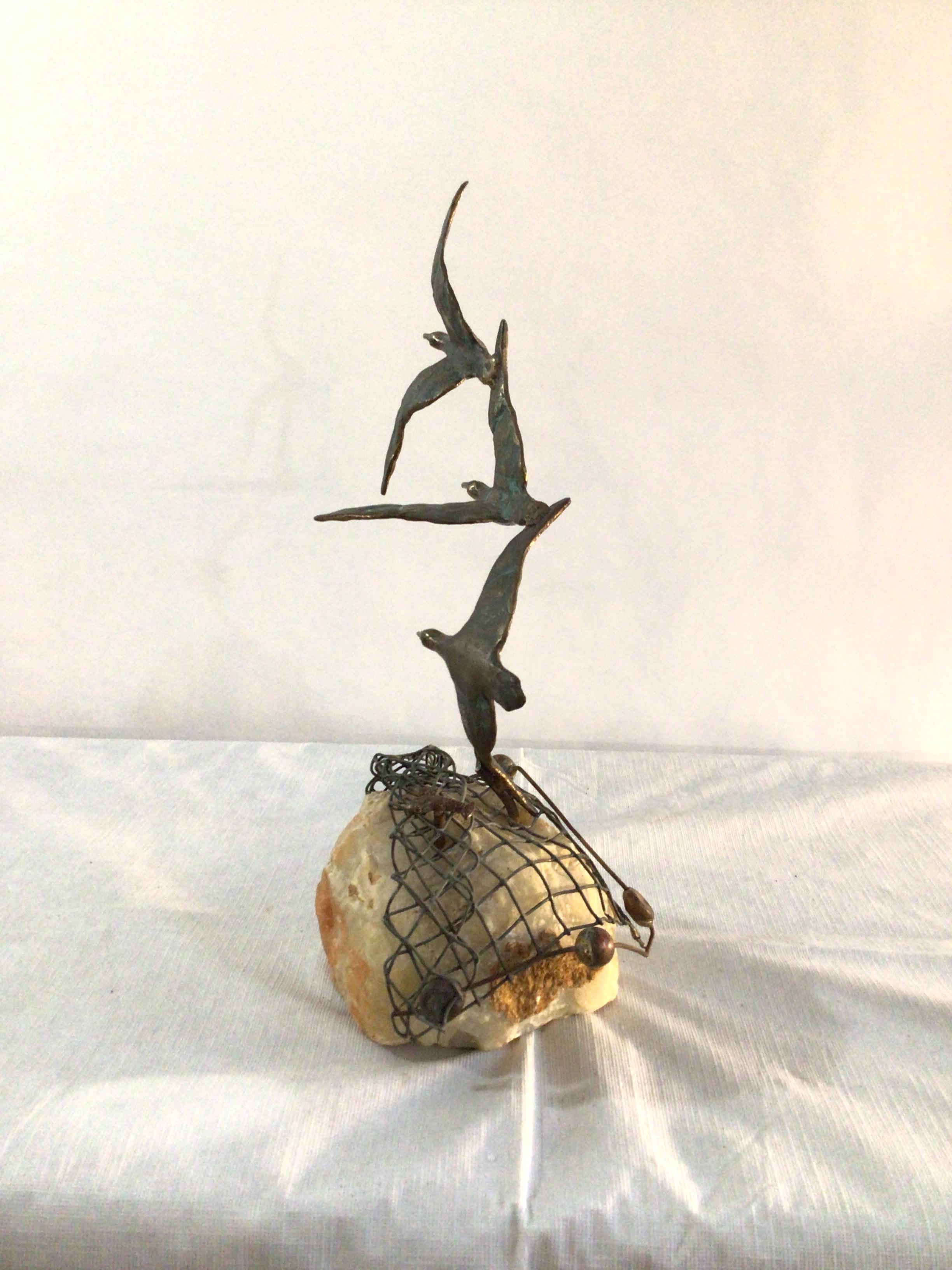 Mid-Century Modern 1960s Curtis Jere 3 Birds in Flight Sculpture on Stone Base For Sale