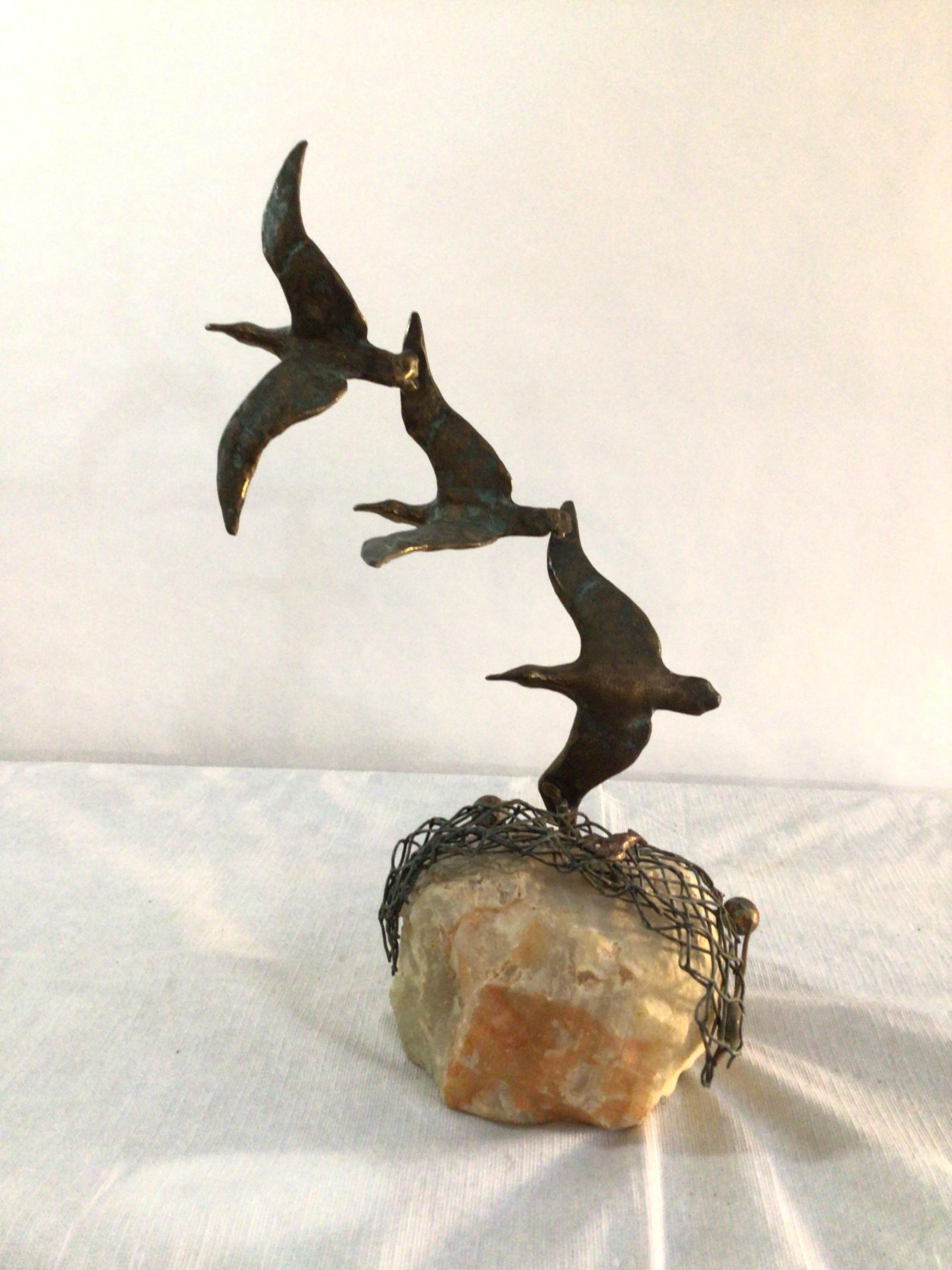 Unknown 1960s Curtis Jere 3 Birds in Flight Sculpture on Stone Base For Sale