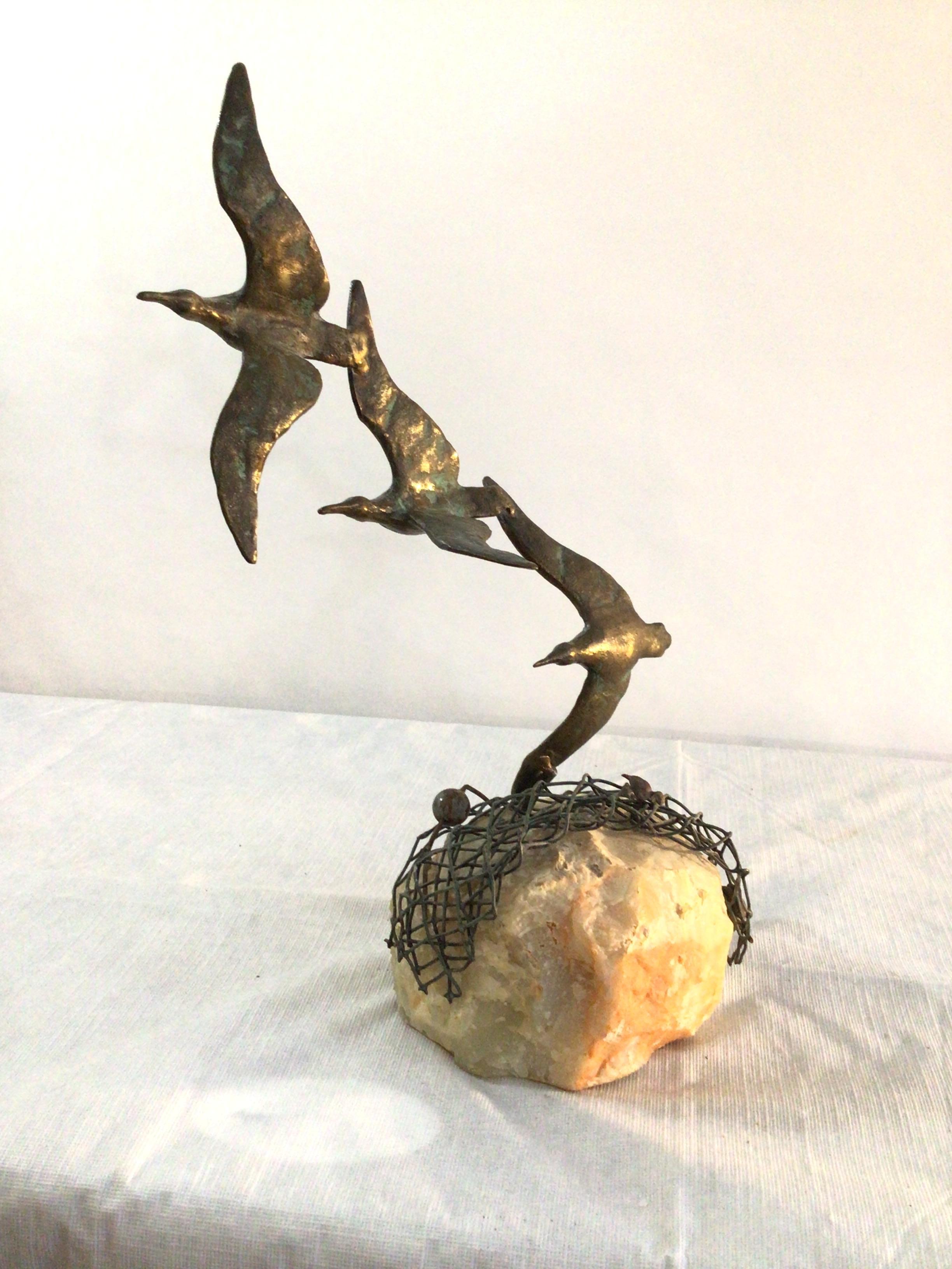 Cast 1960s Curtis Jere 3 Birds in Flight Sculpture on Stone Base For Sale