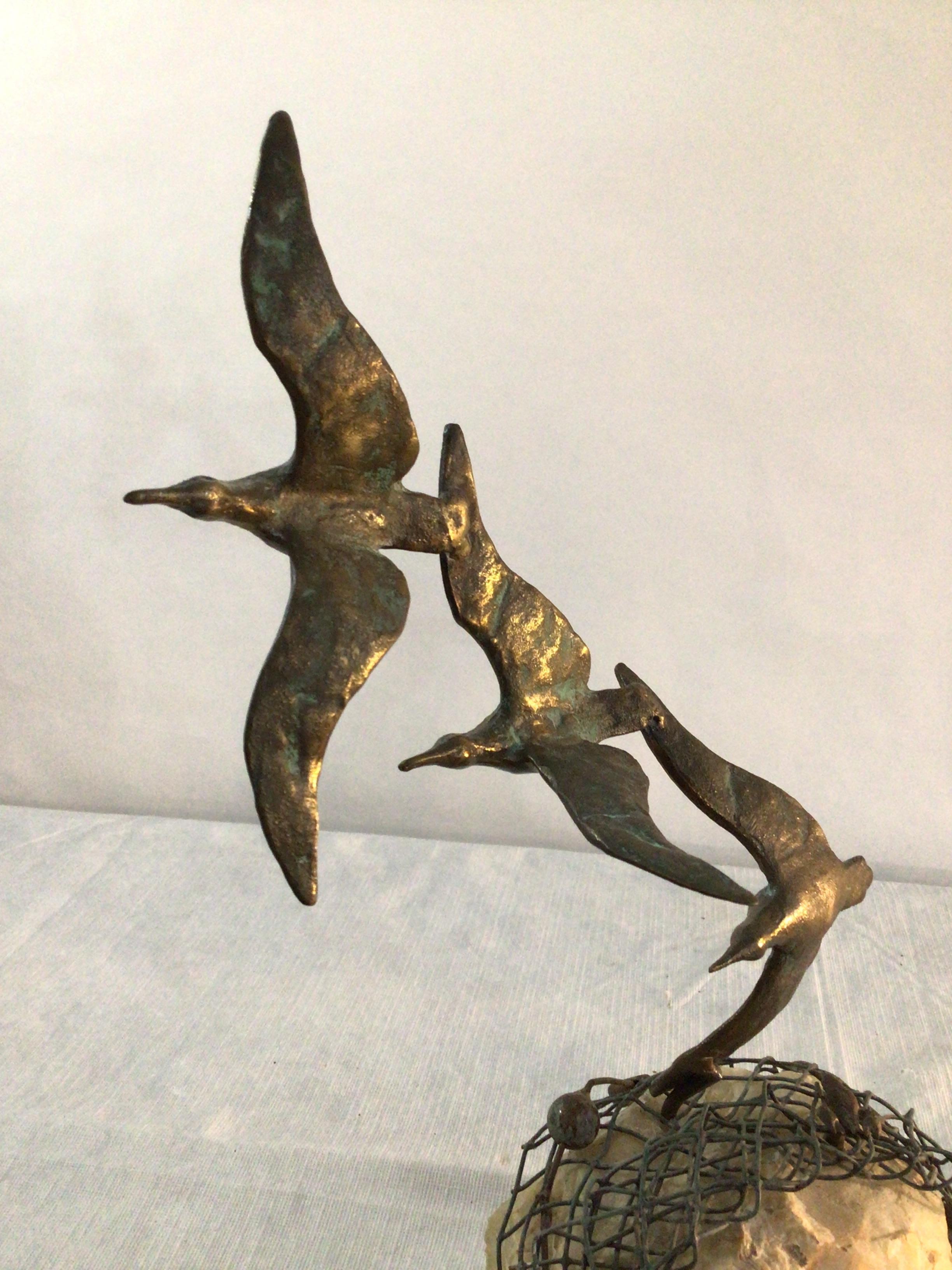 1960s Curtis Jere 3 Birds in Flight Sculpture on Stone Base In Good Condition For Sale In Tarrytown, NY