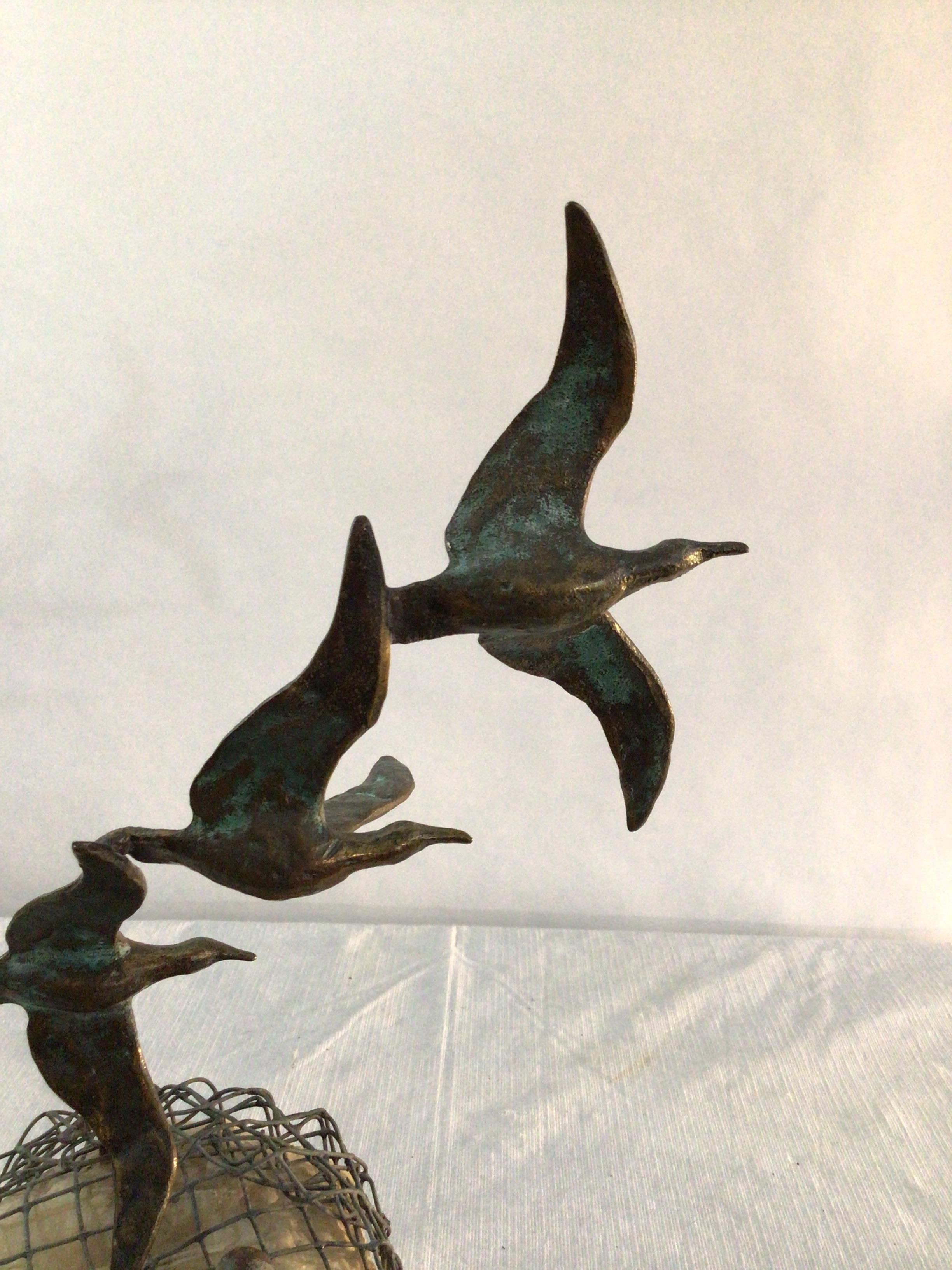 Late 20th Century 1960s Curtis Jere 3 Birds in Flight Sculpture on Stone Base For Sale