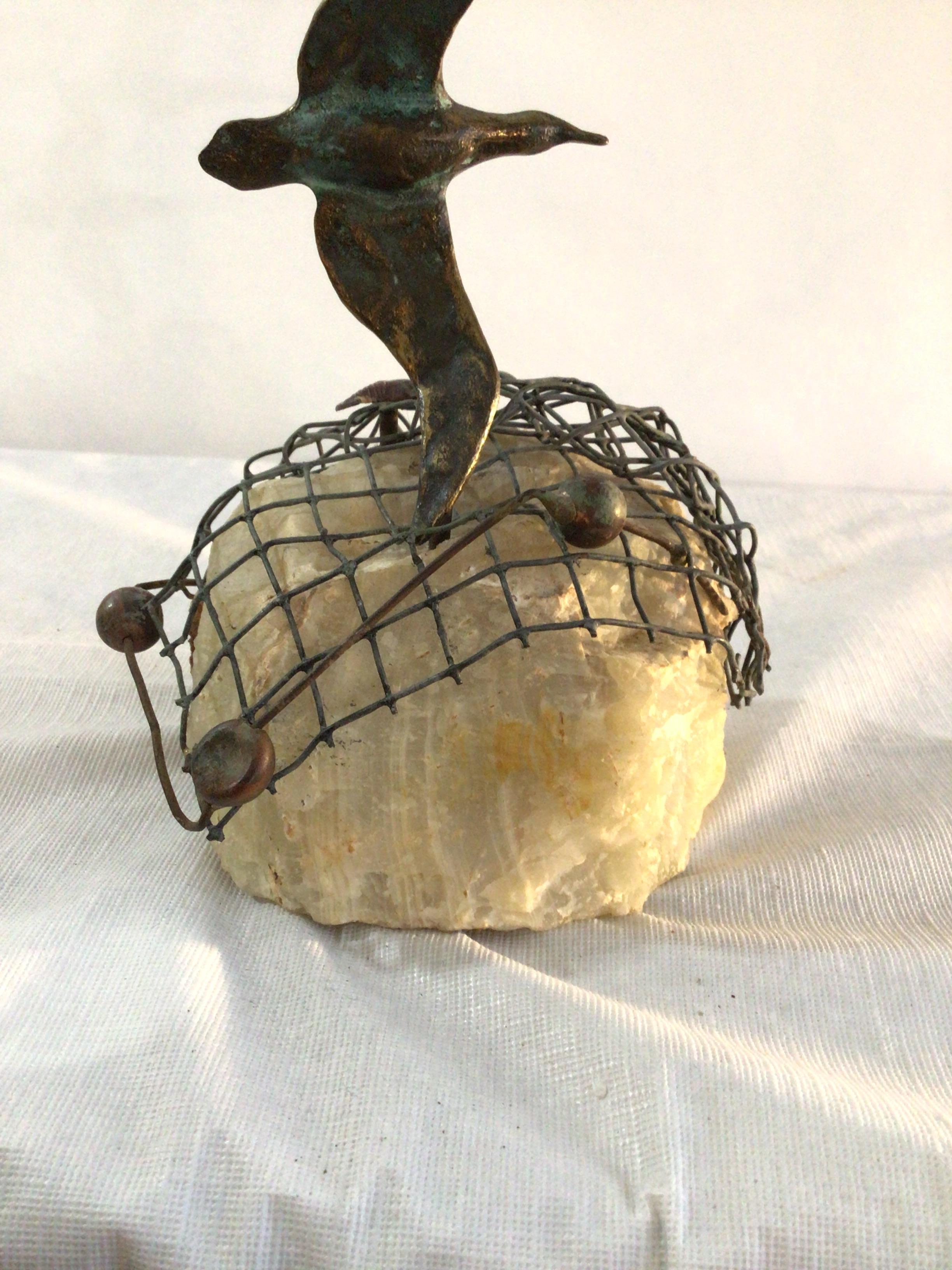 Metal 1960s Curtis Jere 3 Birds in Flight Sculpture on Stone Base For Sale