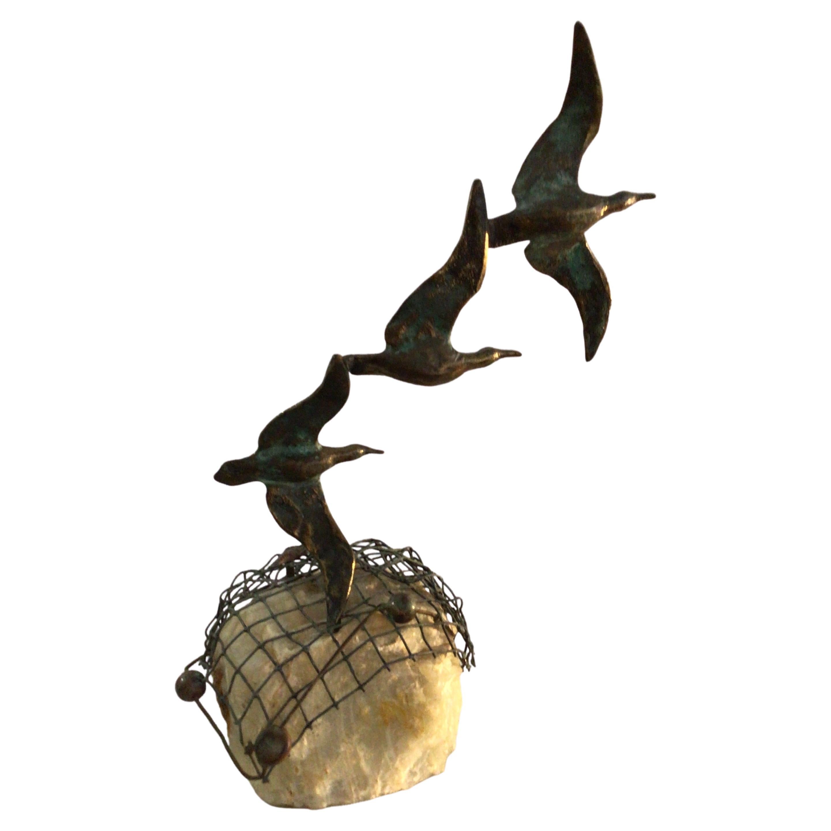 1960s Curtis Jere 3 Birds in Flight Sculpture on Stone Base