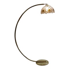 Retro 1960s Curved Brass Standard Floor Lamp with Capiz Mother of Pearl Shade