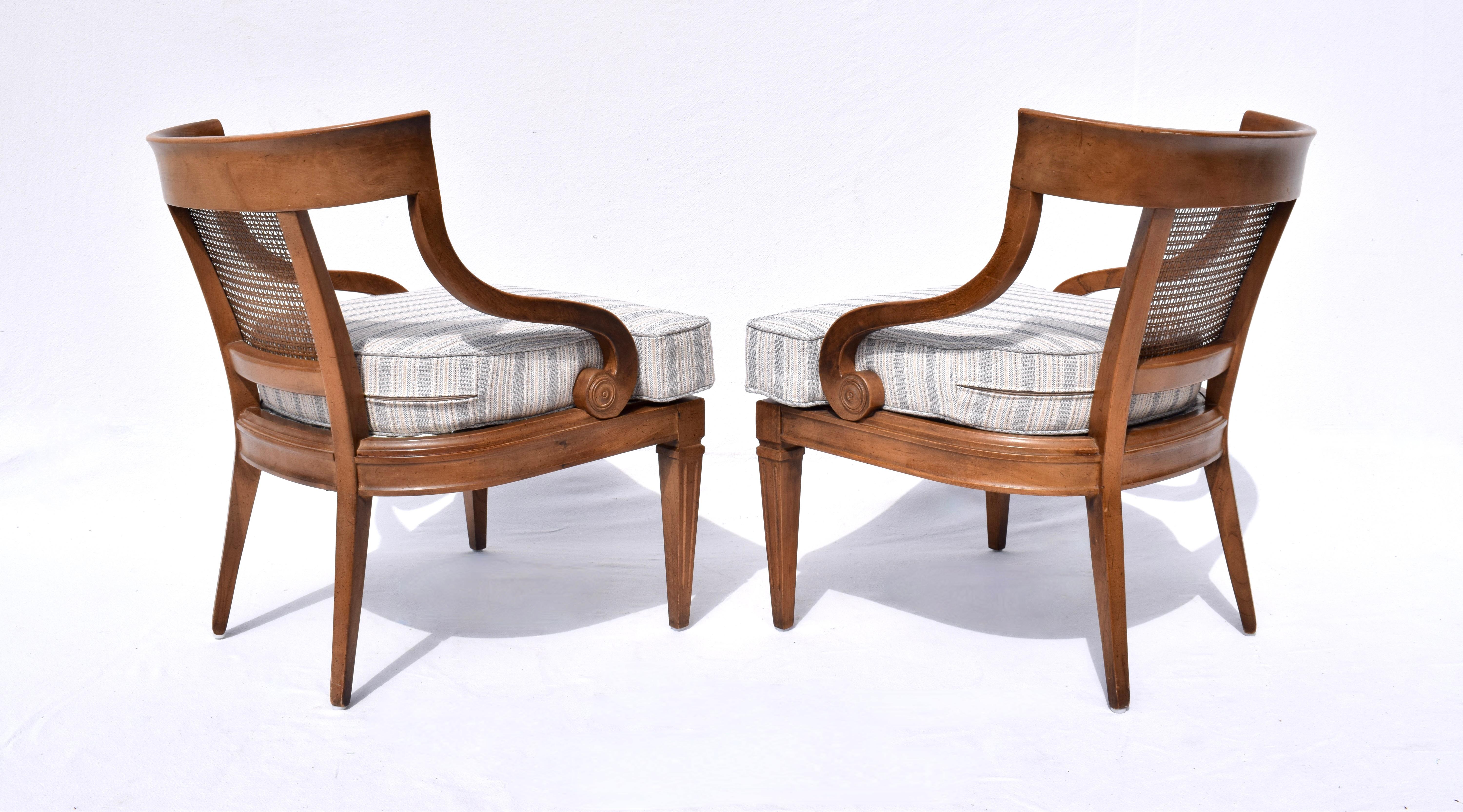 Cotton 1960's Curved Cane Back Occasional Accent  Chairs, Pair