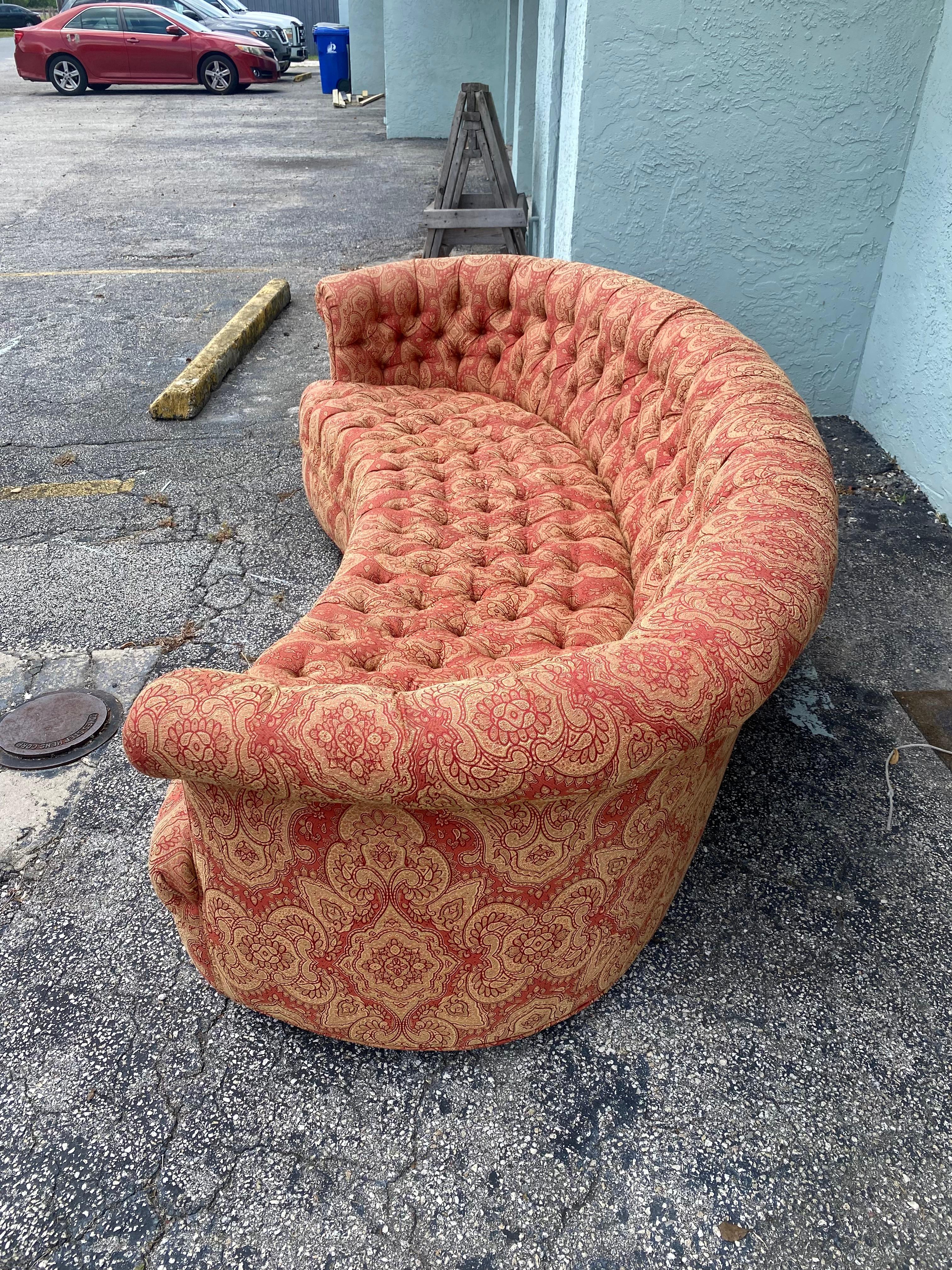 English 1960s Mid Century Curved Tufted Paisley Chesterfield Kidney Sofa For Sale