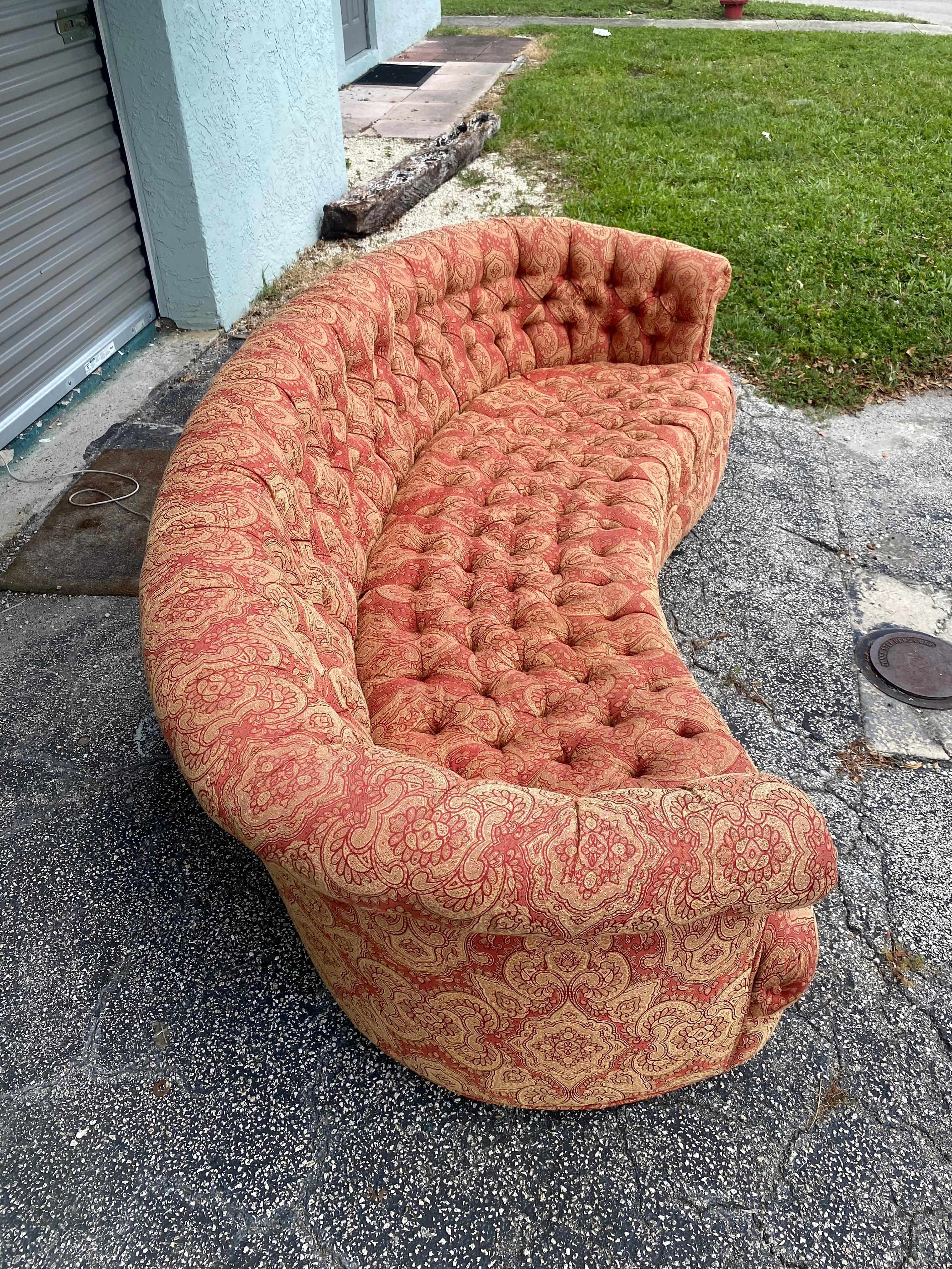 Mid-20th Century 1960s Mid Century Curved Tufted Paisley Chesterfield Kidney Sofa For Sale