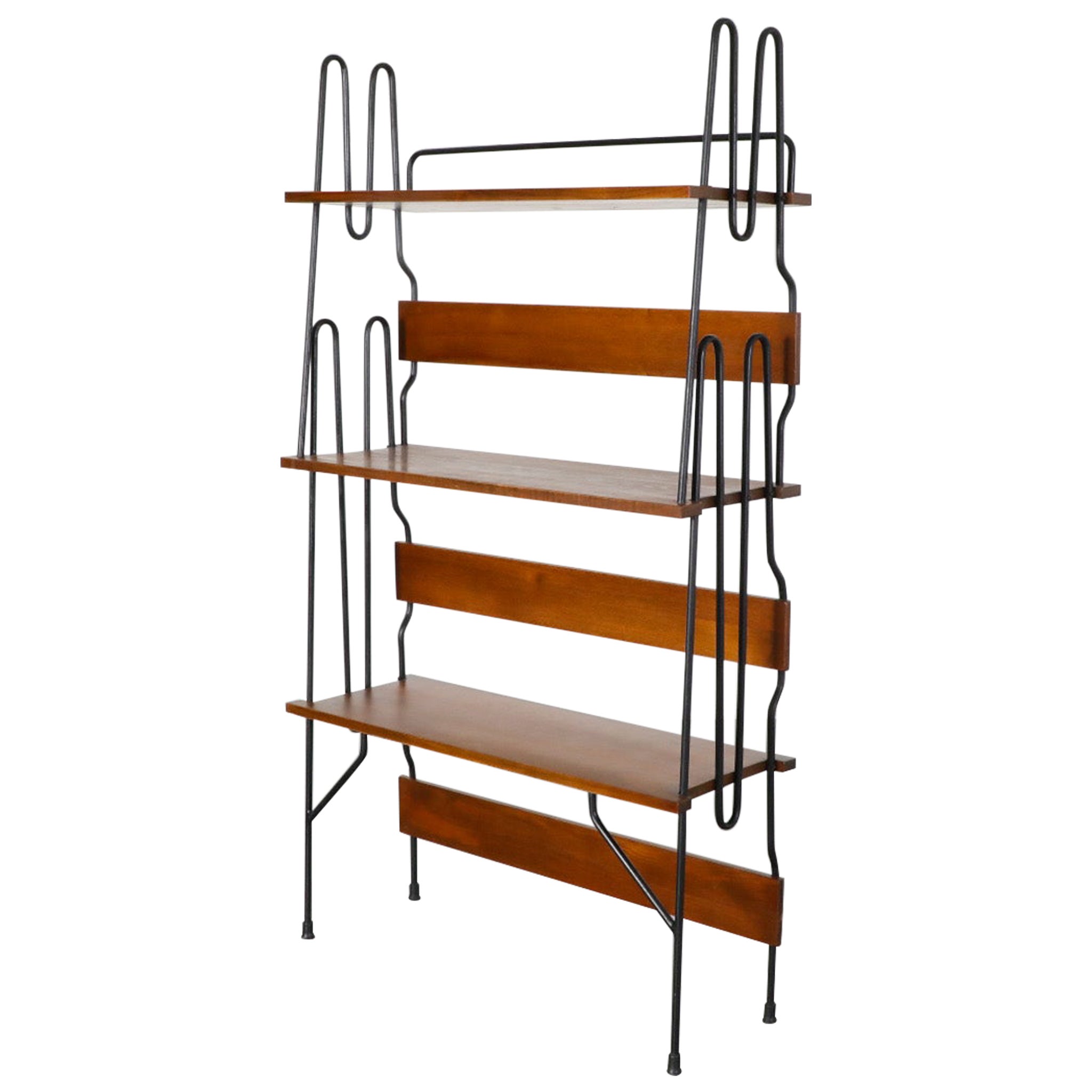 1960s Curvy Steel Framed Standing Shelving Unit with Teak Shelves, Italy
