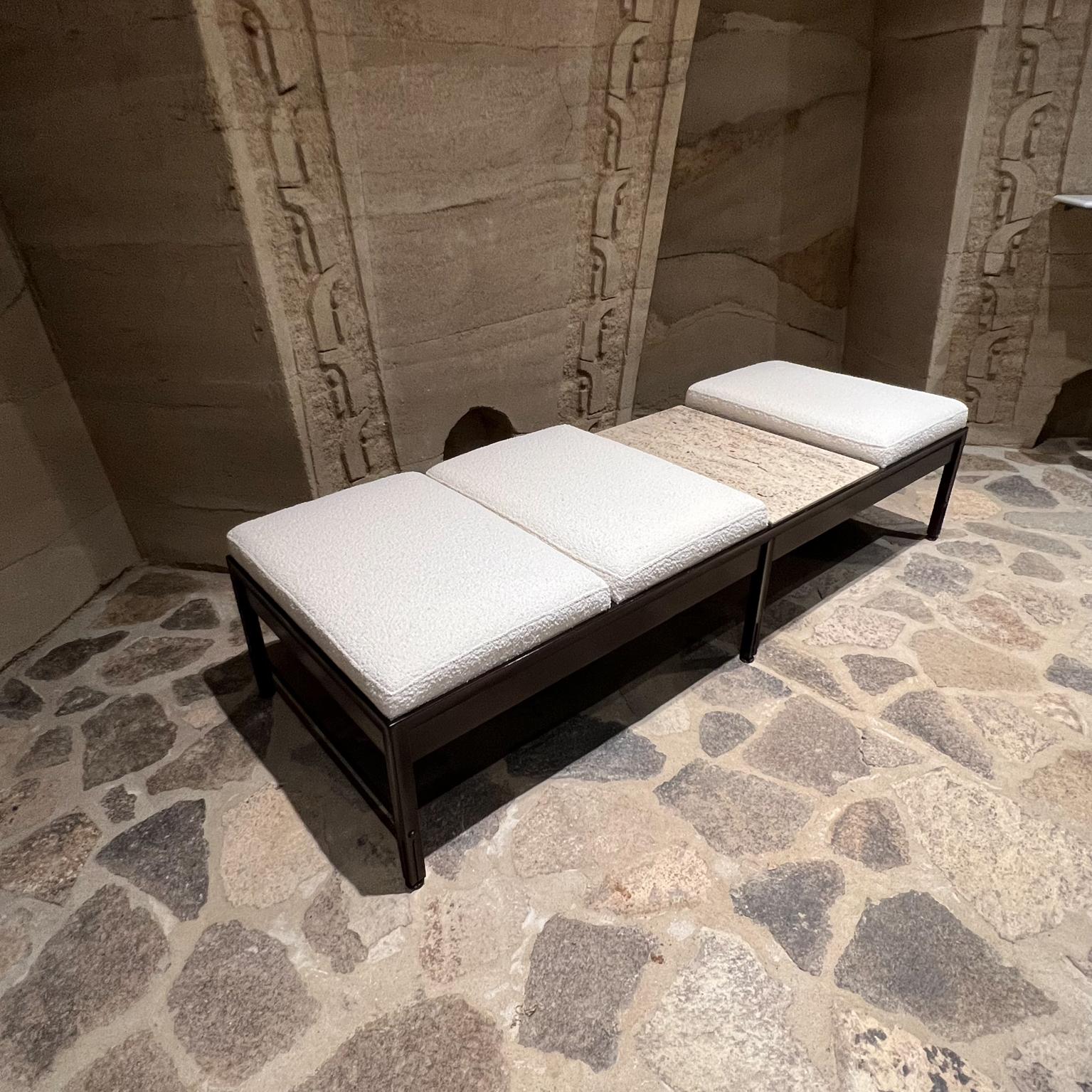 Fabulous vintage three-seater bench restored and ready
Measures: 75.25 width 26.75 depth x 17.5 tall Travertine 26 x 18
Crown City table Co, Buccola Brothers
Sollid Mahogany Wood Bench with Brass Inserts.
New upholstery cushion inserts in fancy