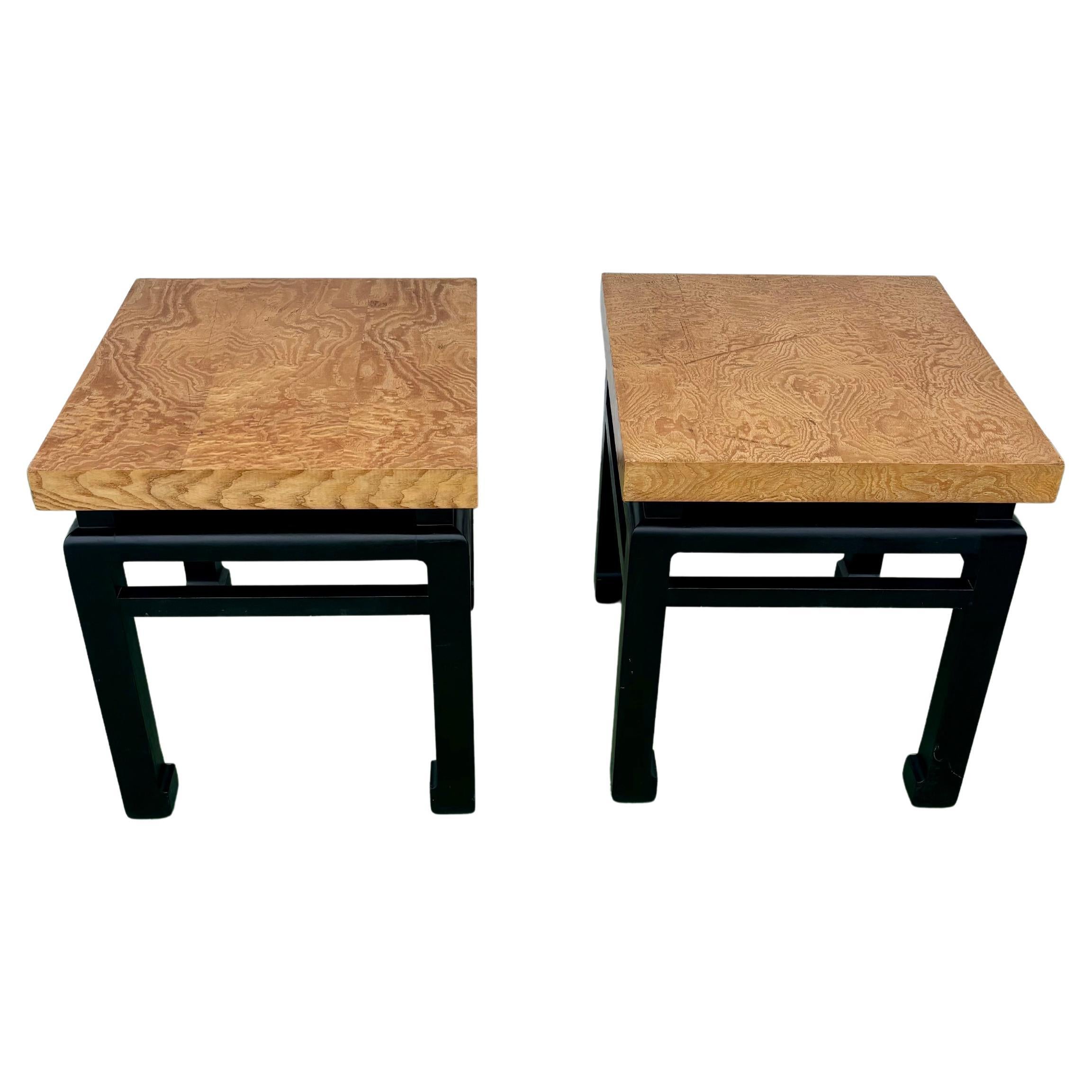 Stunning pair of custom end tables made in the 1960s. Featuring beautiful tops veneered with Burl oak. The oak sample features dynamic lines as well as sections of flame and Birds Eye patterns throughout. 

Sitting atop a black Ming style base