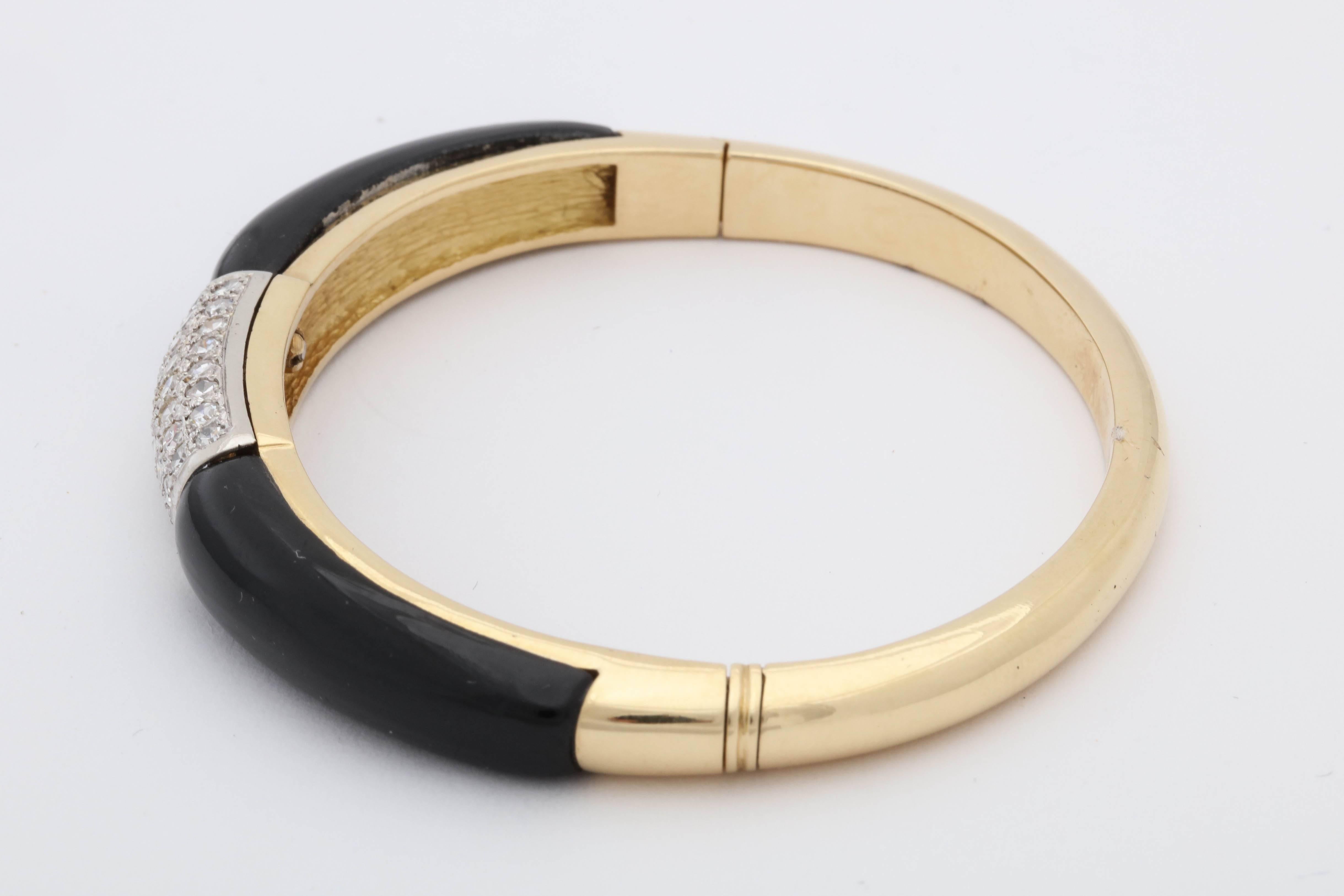 Women's 1960s Custom Cut Onyx with Five-Row Diamond Gold Bangle Bracelet