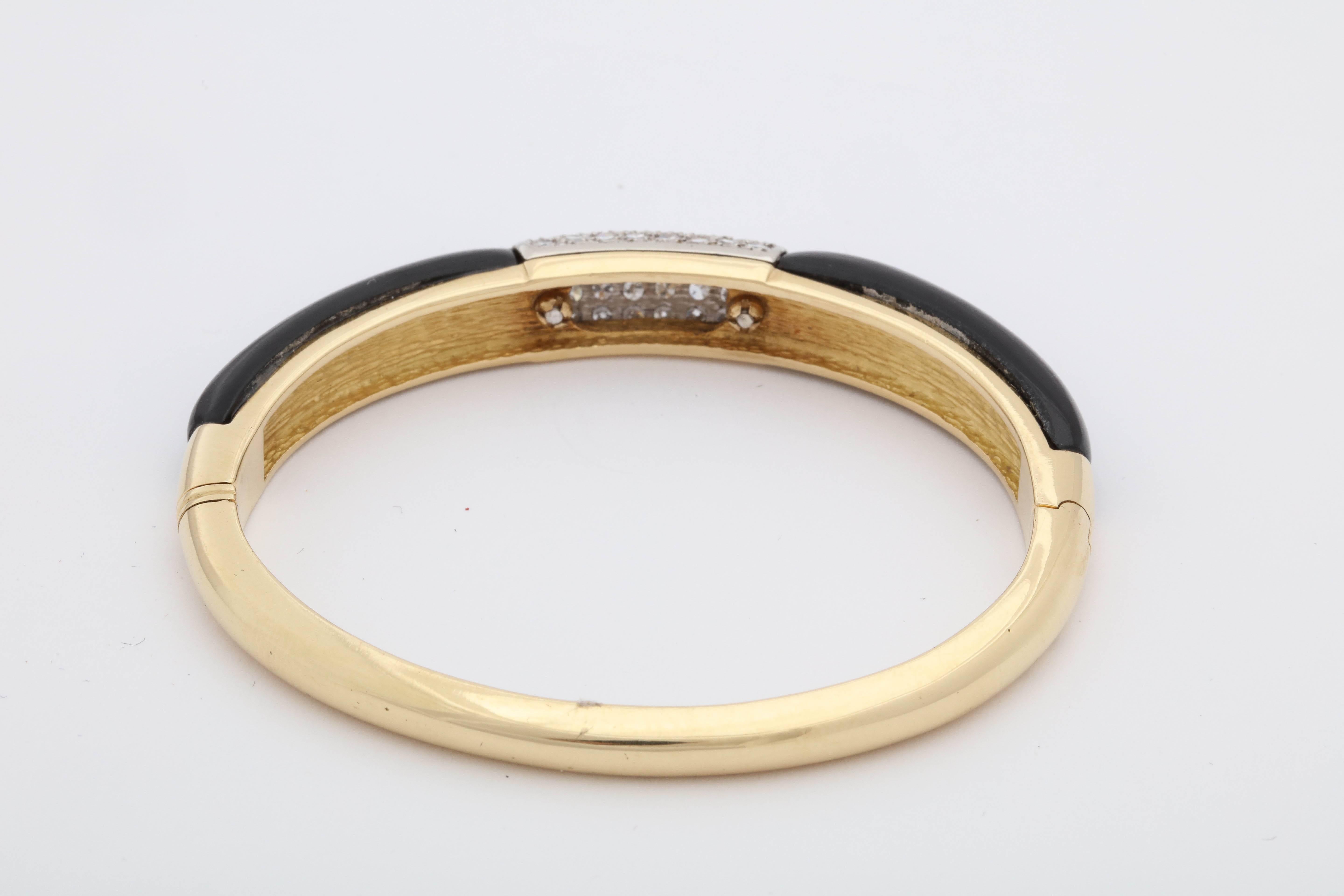 1960s Custom Cut Onyx with Five-Row Diamond Gold Bangle Bracelet 1