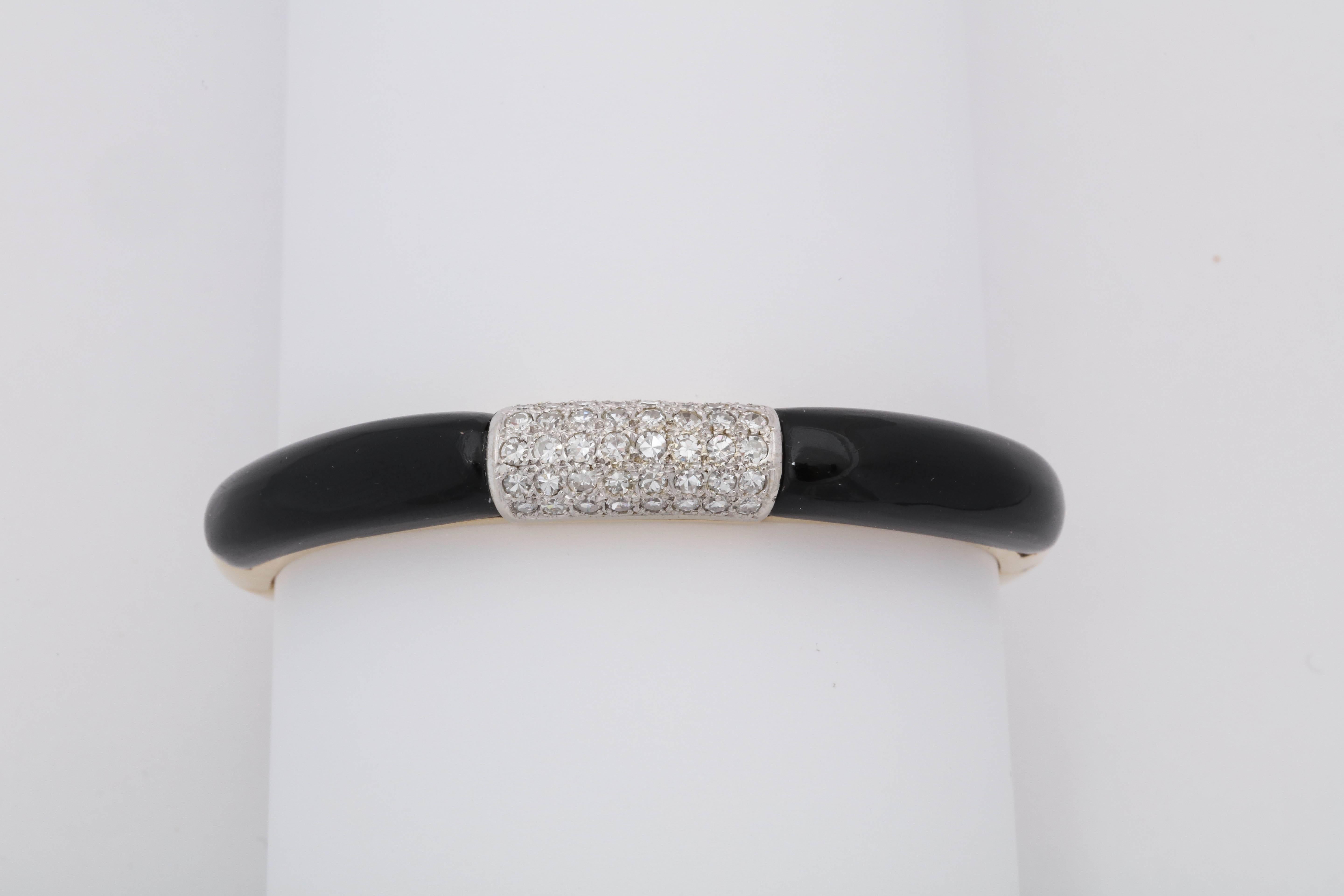 1960s Custom Cut Onyx with Five-Row Diamond Gold Bangle Bracelet 2