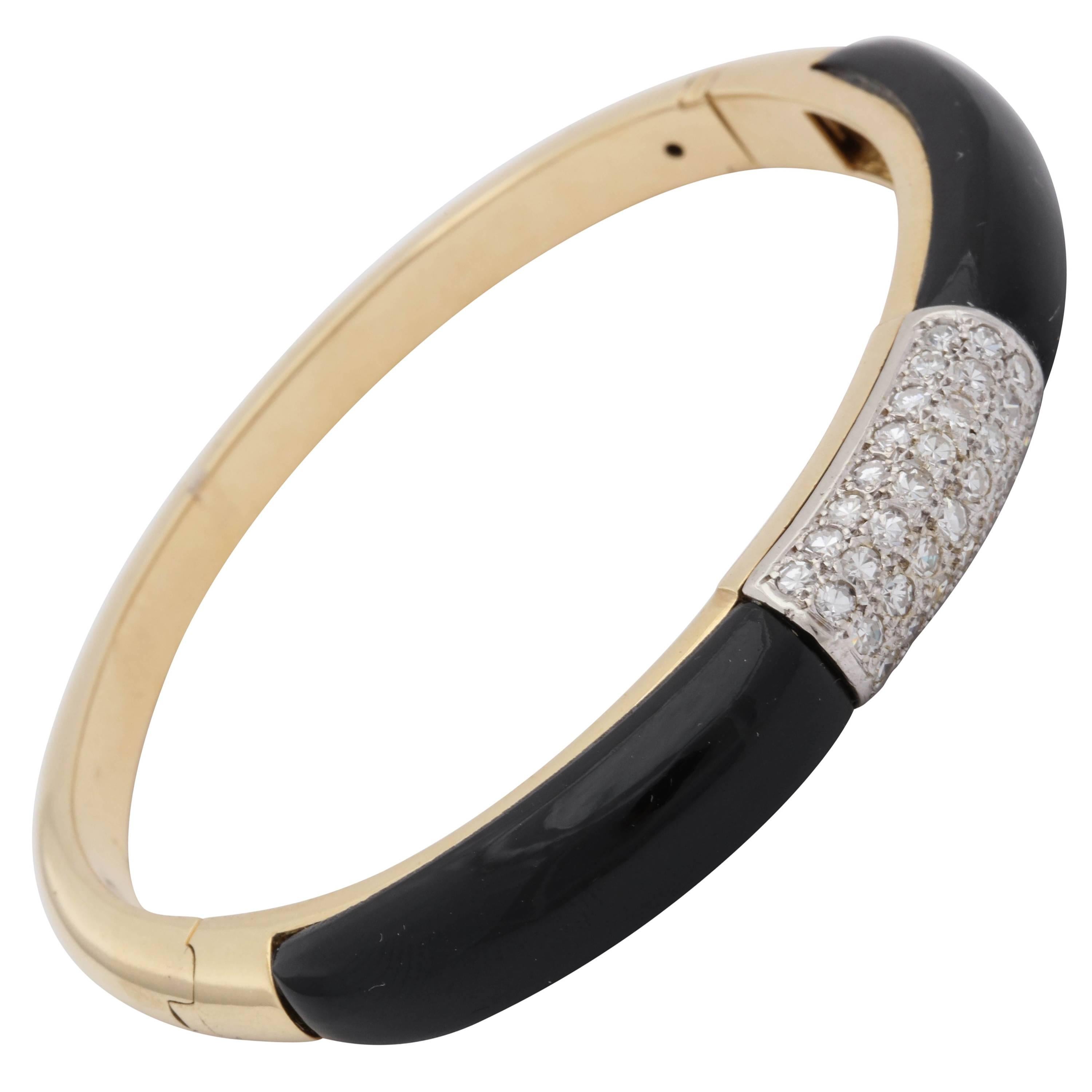 1960s Custom Cut Onyx with Five-Row Diamond Gold Bangle Bracelet