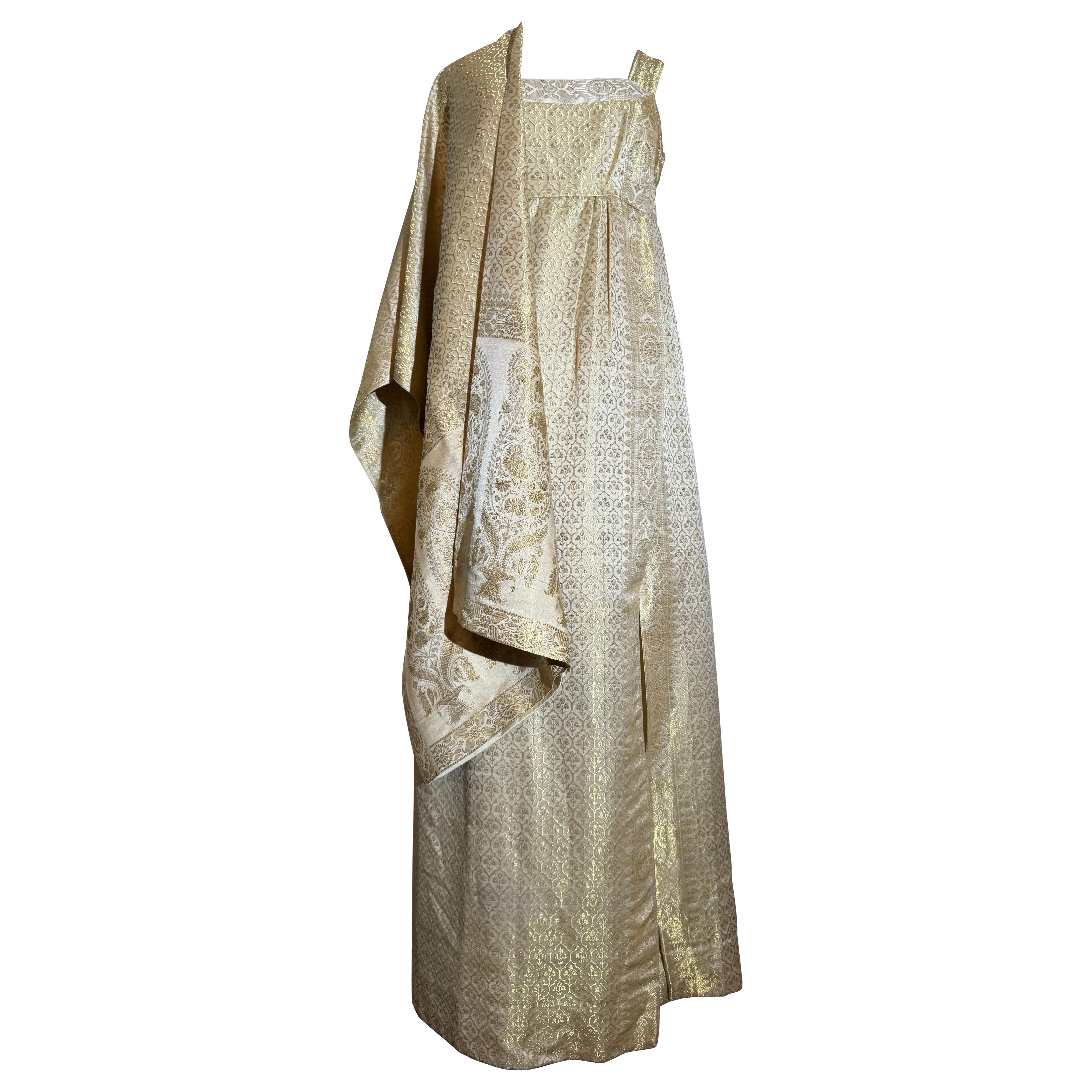 1960s Custom Gold Lamé & Ivory Brocade Sari-Inspired Goddess Gown w Glam Wrap