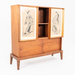 1960s Custom Japanese Tansu Tea Cabinet in Walnut with Woodblock Prints
