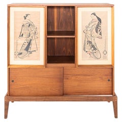 1960s Custom Japanese Tansu Tea Cabinet in Walnut with Woodblock Prints