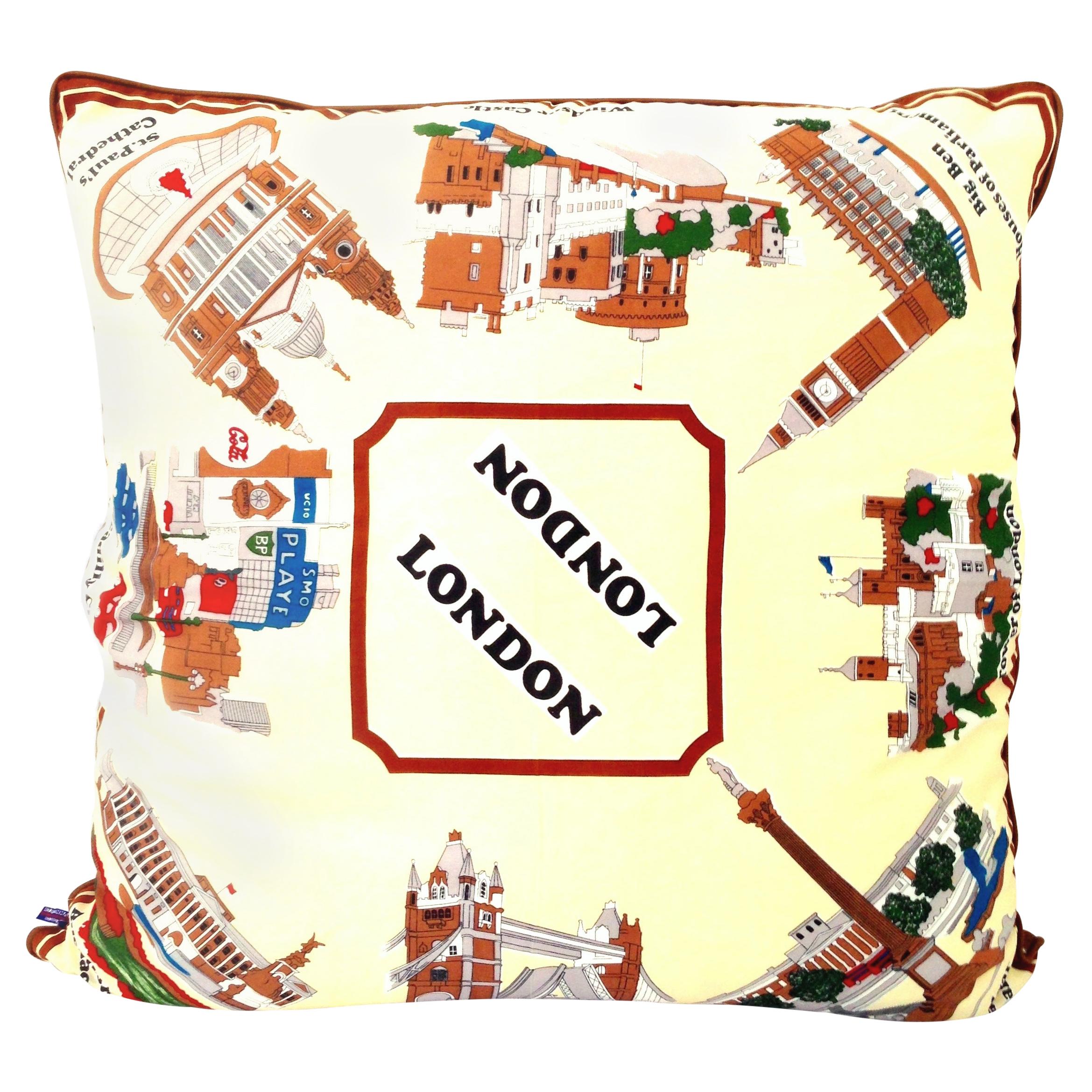 1960s Custom Large London Travel Souvenir Silk Scarf Down Filled Pillow For Sale