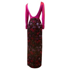1960s Custom-Made Pink Silk Satin 
Floral Flocked Lamé Velvet Gown w Low Back